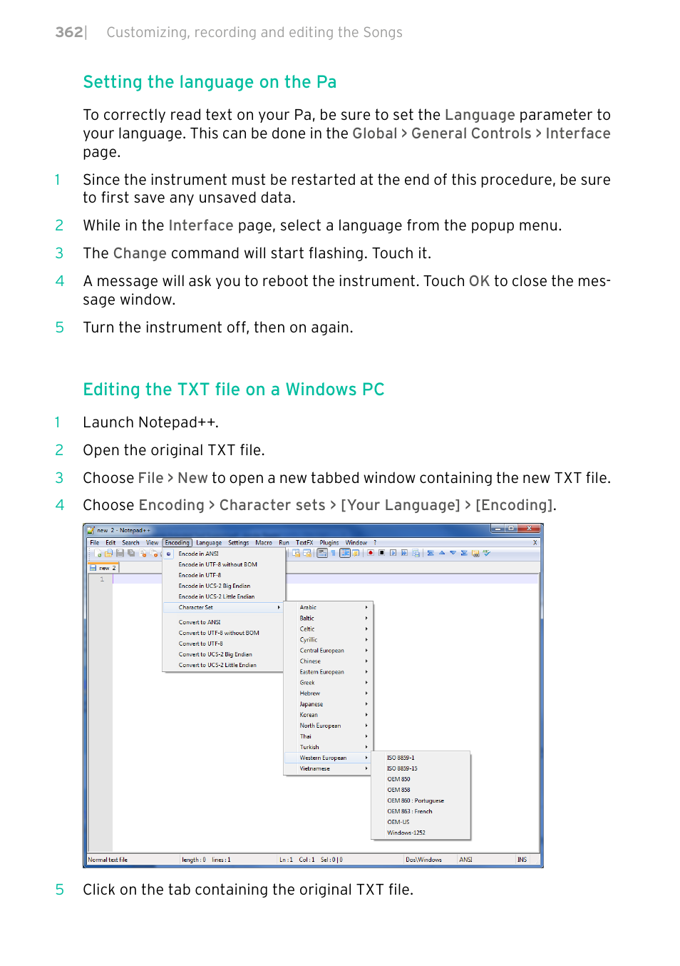 Setting the language on the pa, Editing the txt file on a windows pc | KORG PA4X 76 User Manual | Page 366 / 1074