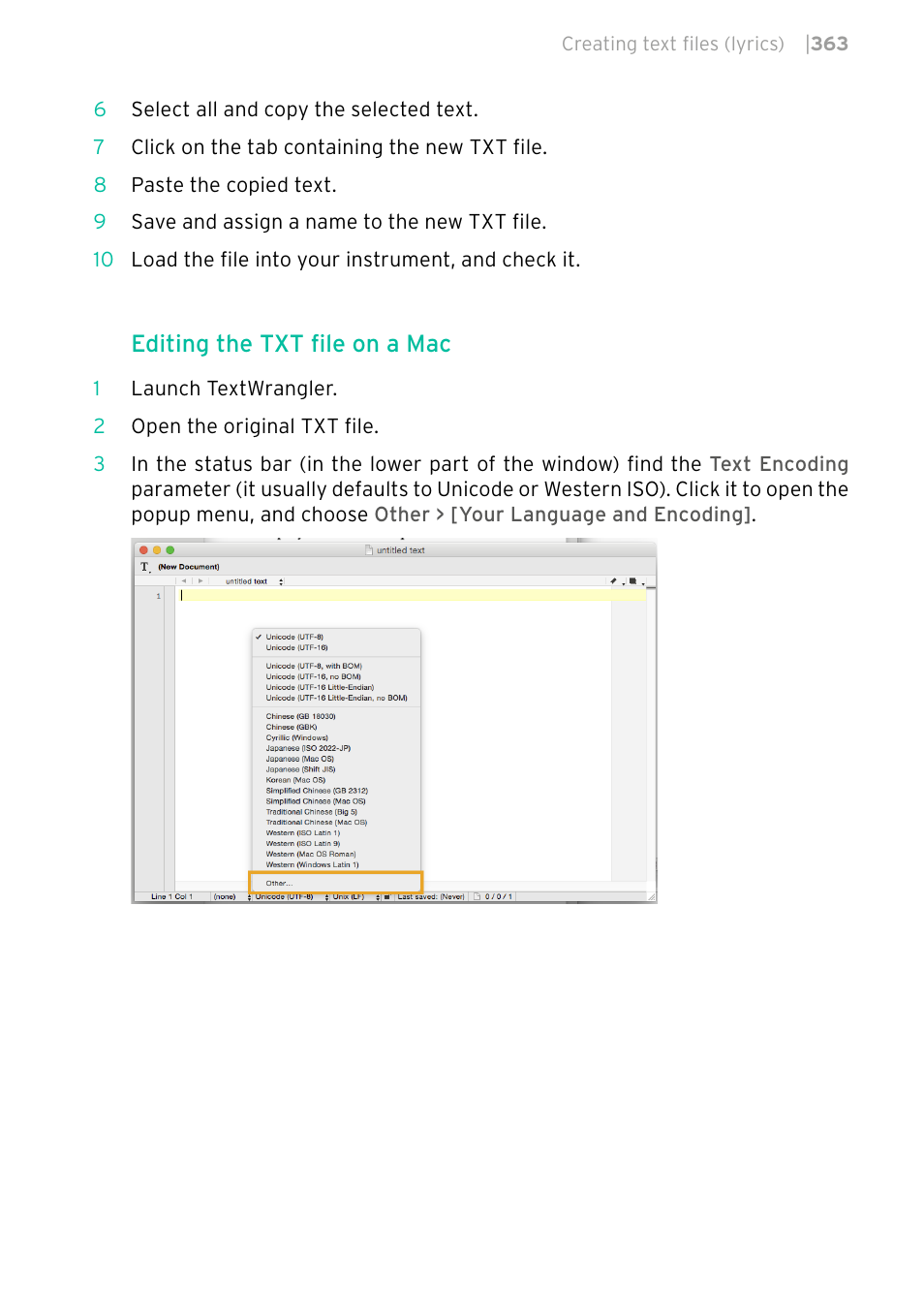 Editing the txt file on a mac | KORG PA4X 76 User Manual | Page 367 / 1074