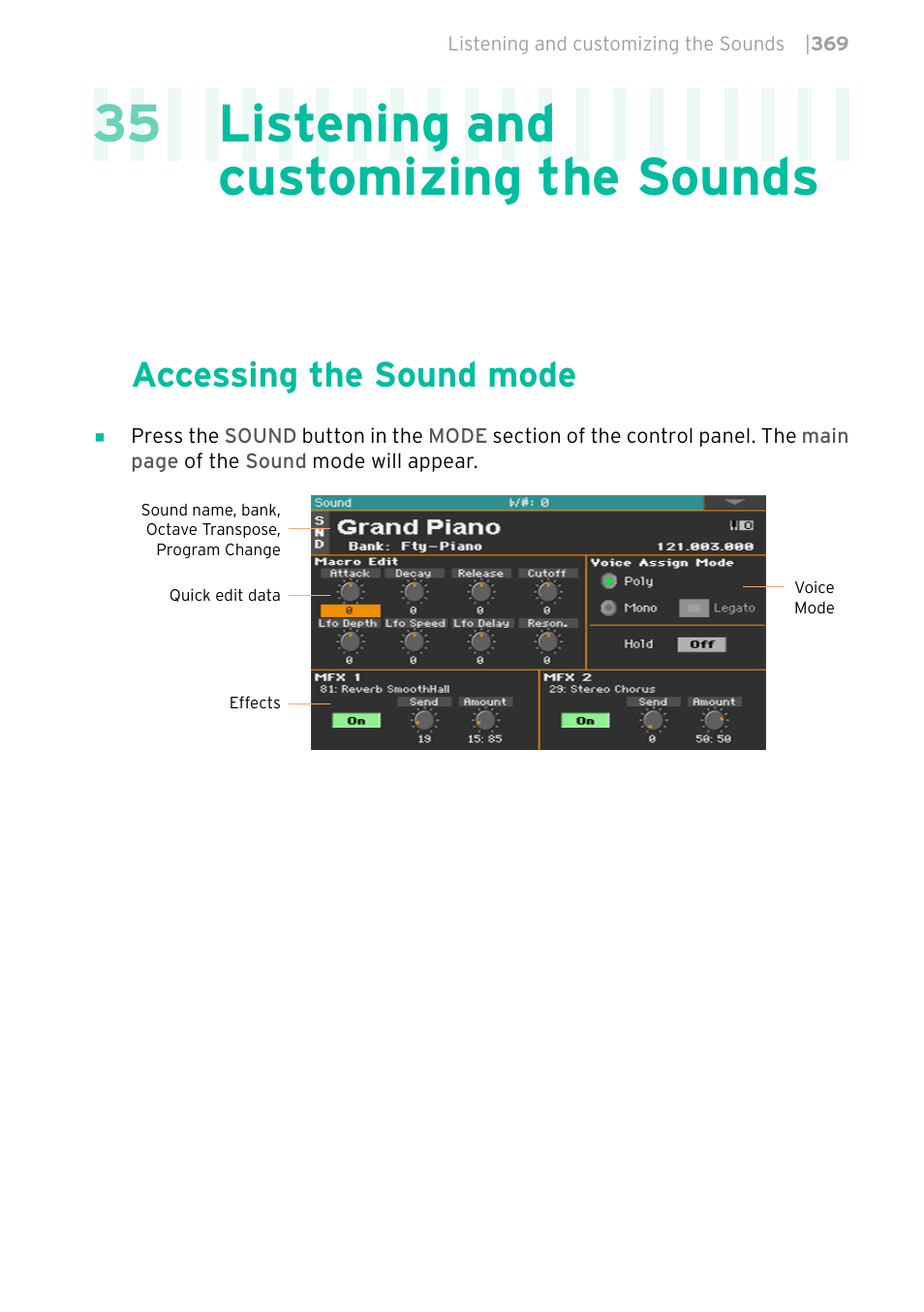 Listening and customizing the sounds, Accessing the sound mode, 369 accessing the sound mode | 35 listening and customizing the sounds | KORG PA4X 76 User Manual | Page 373 / 1074