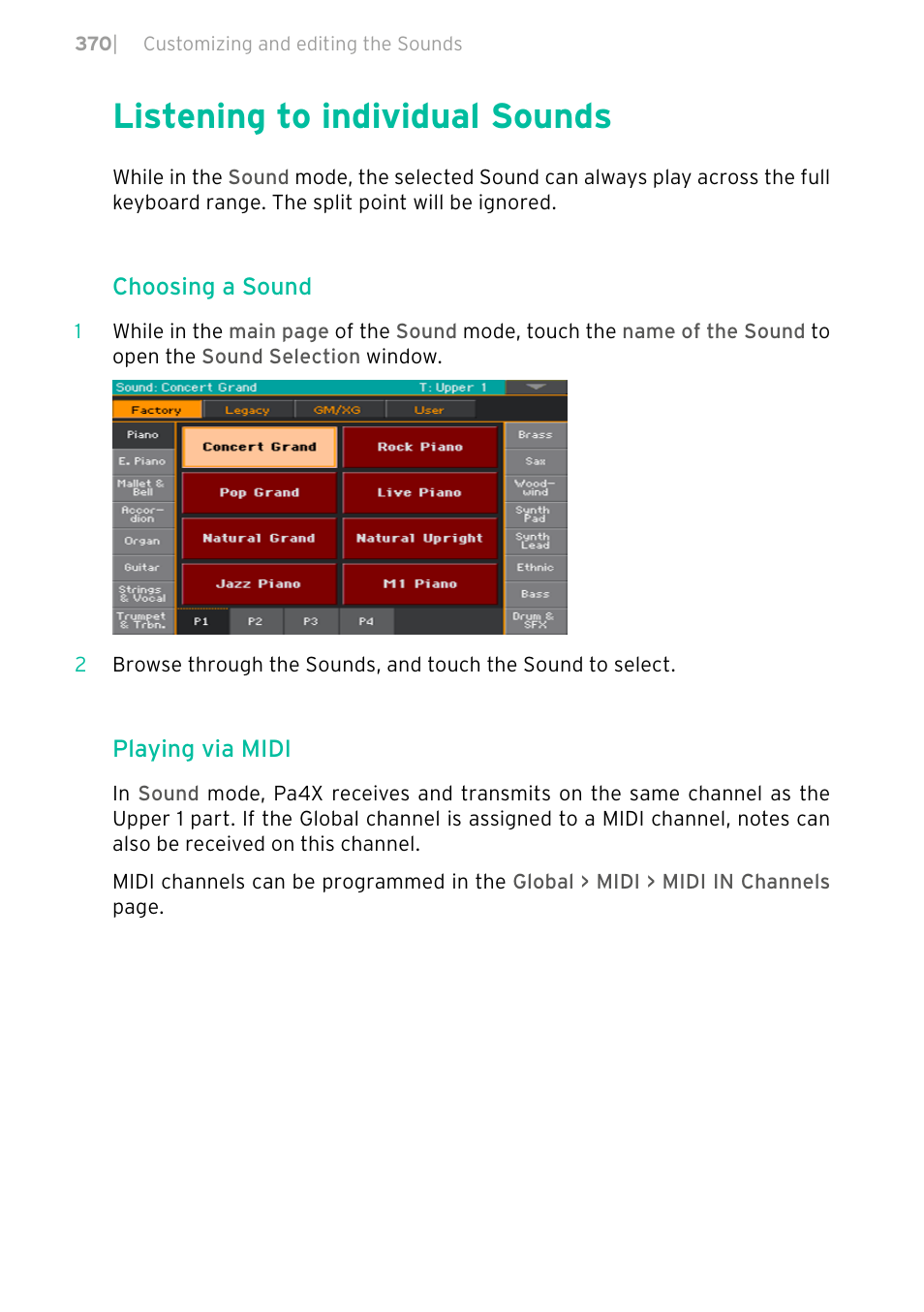 Listening to individual sounds, 370 listening to individual sounds | KORG PA4X 76 User Manual | Page 374 / 1074