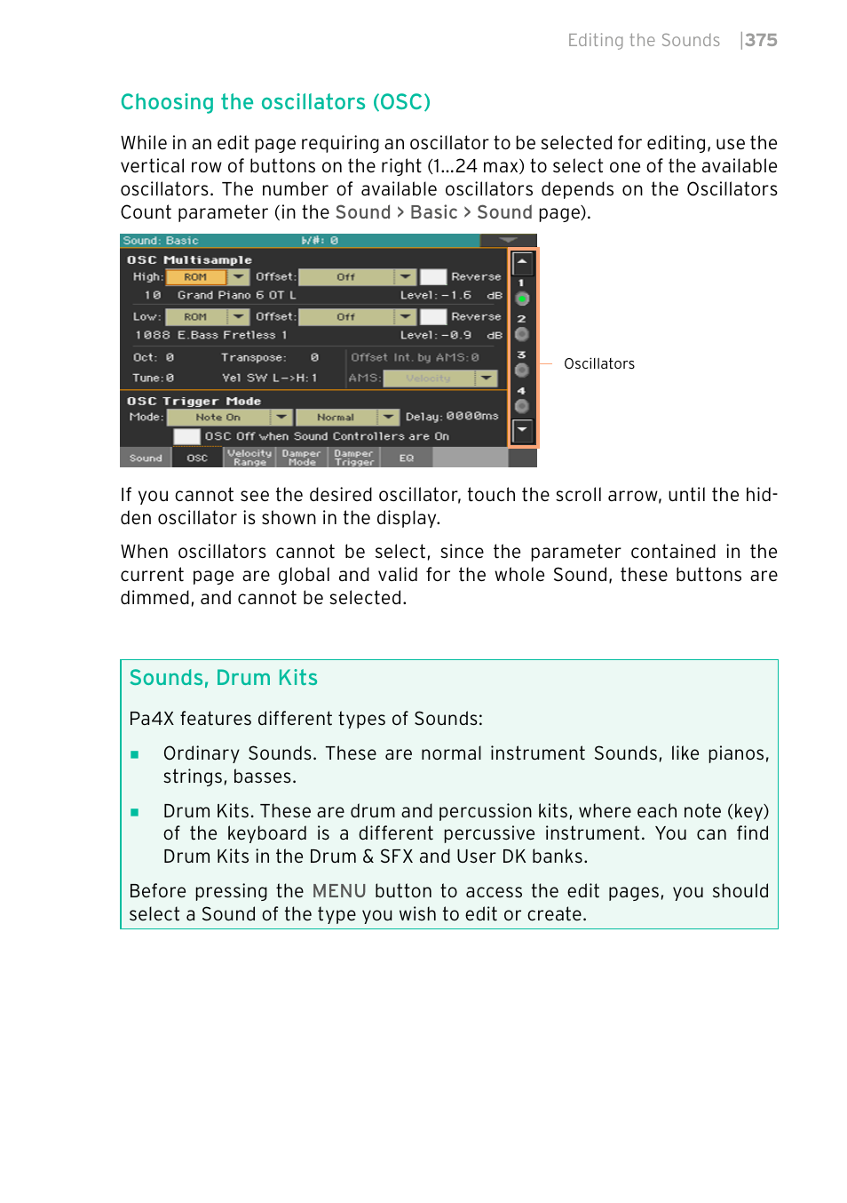 Choosing the oscillators (osc), Sounds, drum kits | KORG PA4X 76 User Manual | Page 379 / 1074