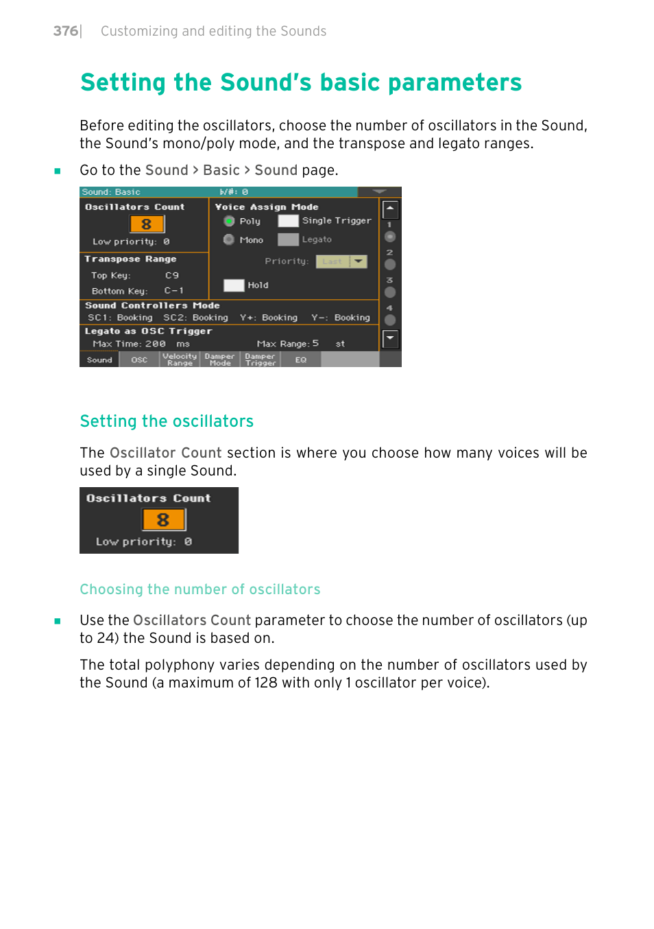 Setting the sound’s basic parameters, 376 setting the sound’s basic parameters | KORG PA4X 76 User Manual | Page 380 / 1074