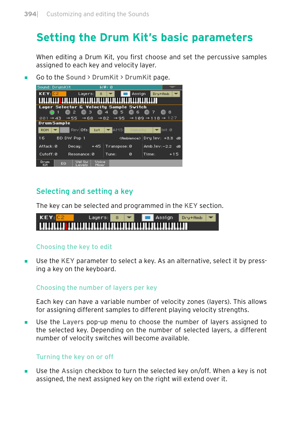 Setting the drum kit’s basic parameters, 394 setting the drum kit’s basic parameters, Selecting and setting a key | KORG PA4X 76 User Manual | Page 398 / 1074