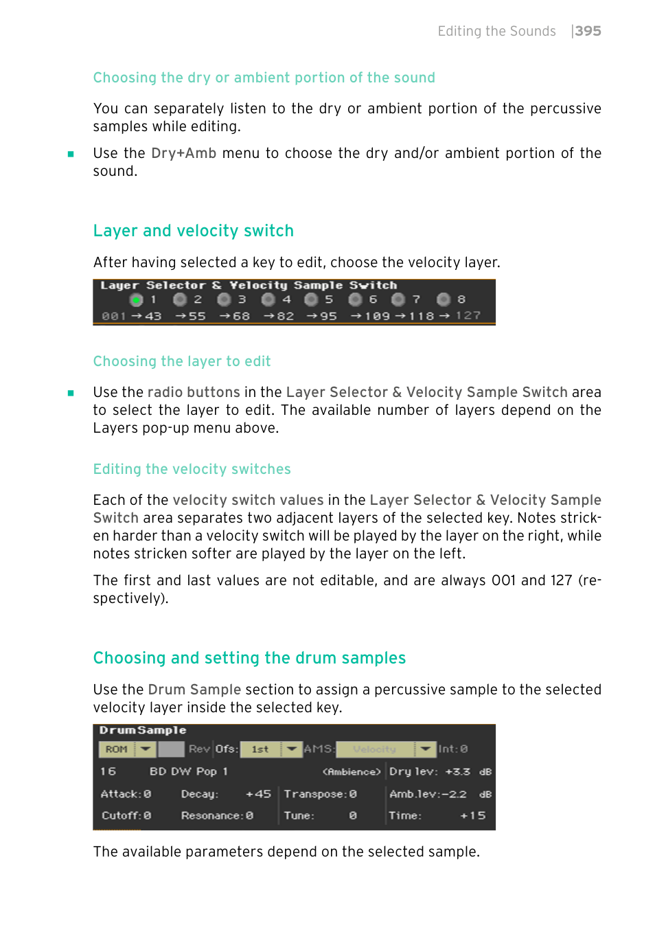 Layer and velocity switch, Choosing and setting the drum samples | KORG PA4X 76 User Manual | Page 399 / 1074