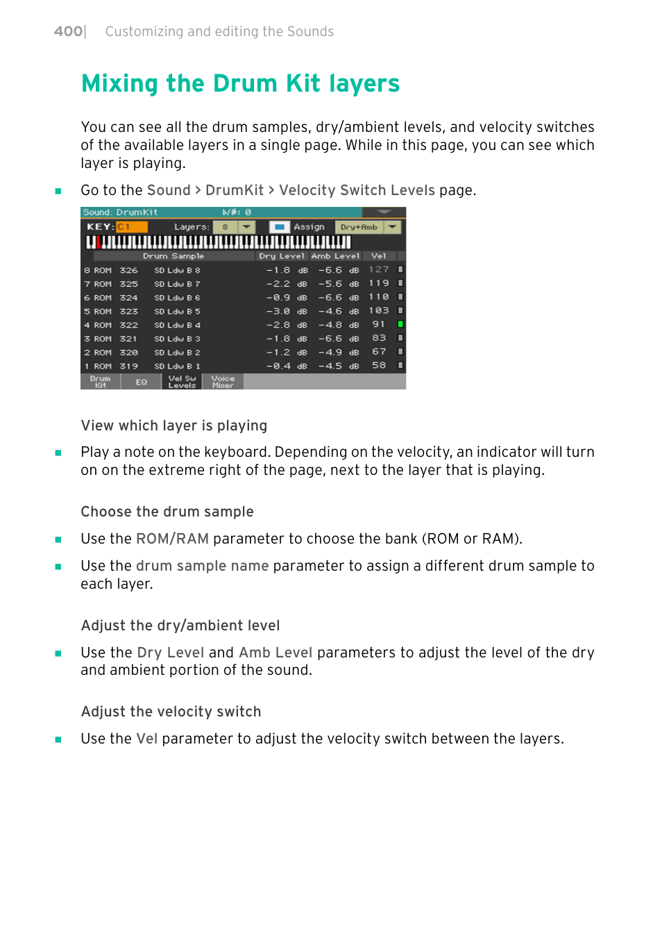 Mixing the drum kit layers, 400 mixing the drum kit layers | KORG PA4X 76 User Manual | Page 404 / 1074