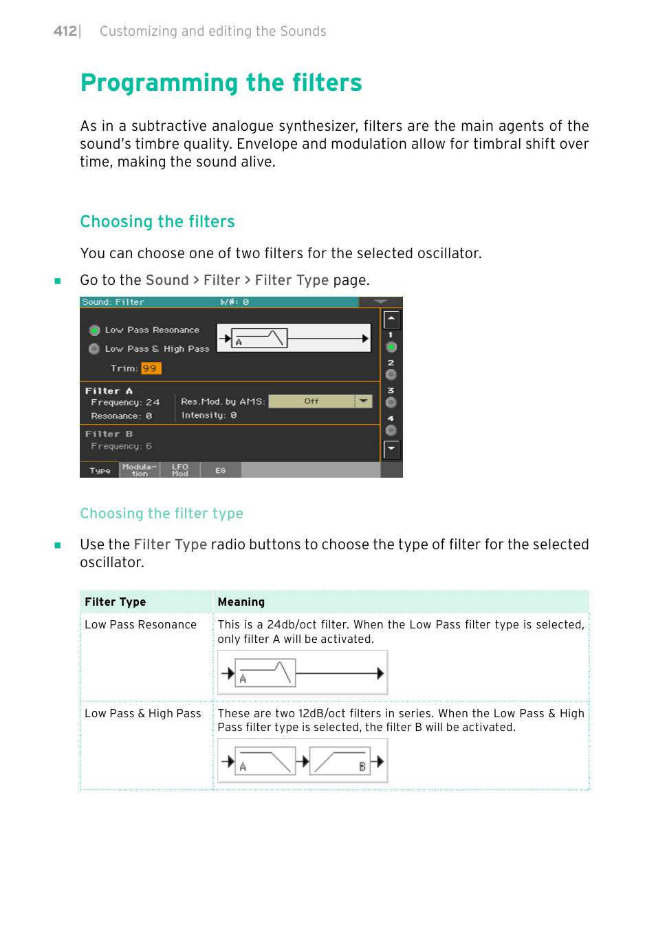 Programming the filters, Choosing the filters | KORG PA4X 76 User Manual | Page 416 / 1074