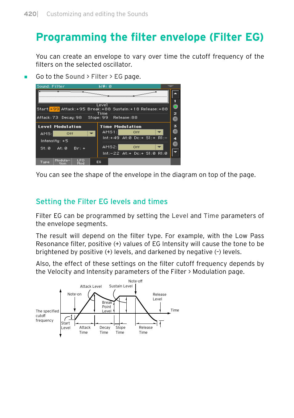 Programming the filter envelope (filter eg), 420 programming the filter envelope (filter eg), Setting the filter eg levels and times | 420 | customizing and editing the sounds | KORG PA4X 76 User Manual | Page 424 / 1074