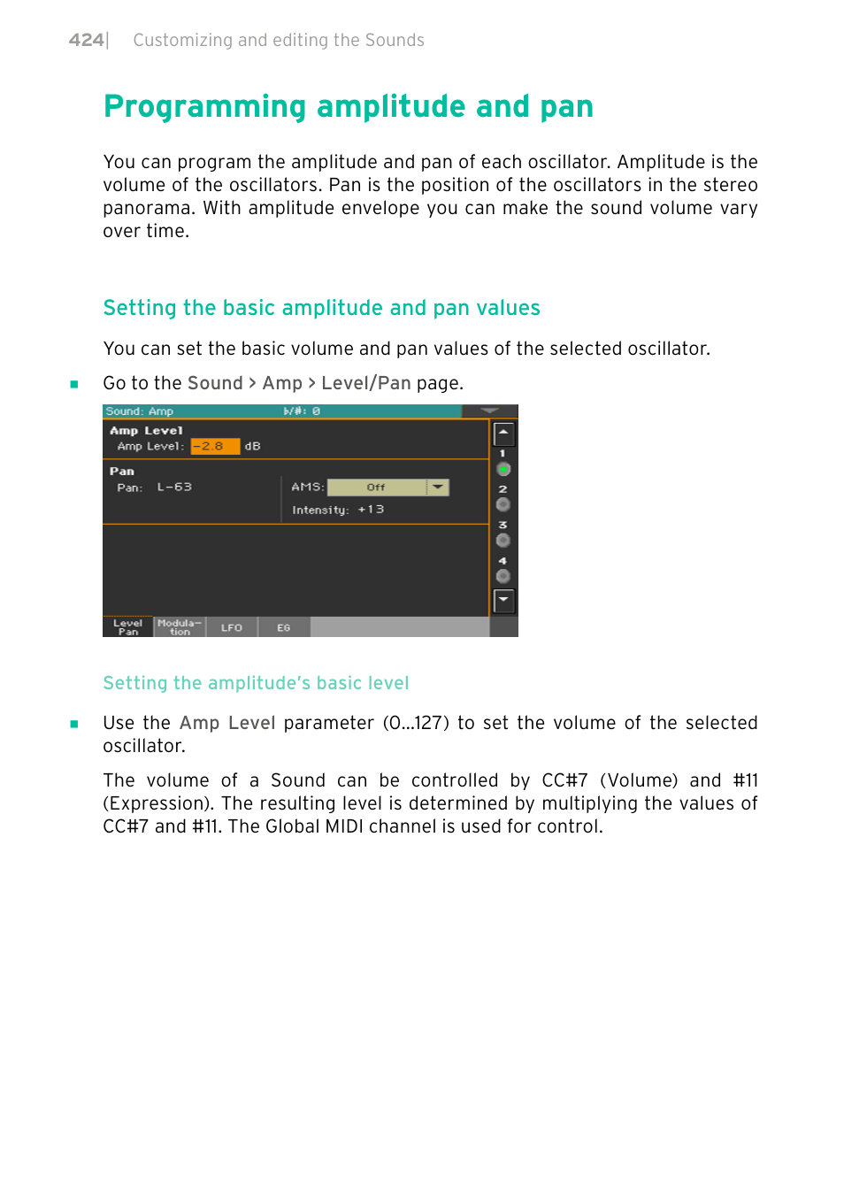 Programming amplitude and pan, 424 programming amplitude and pan | KORG PA4X 76 User Manual | Page 428 / 1074