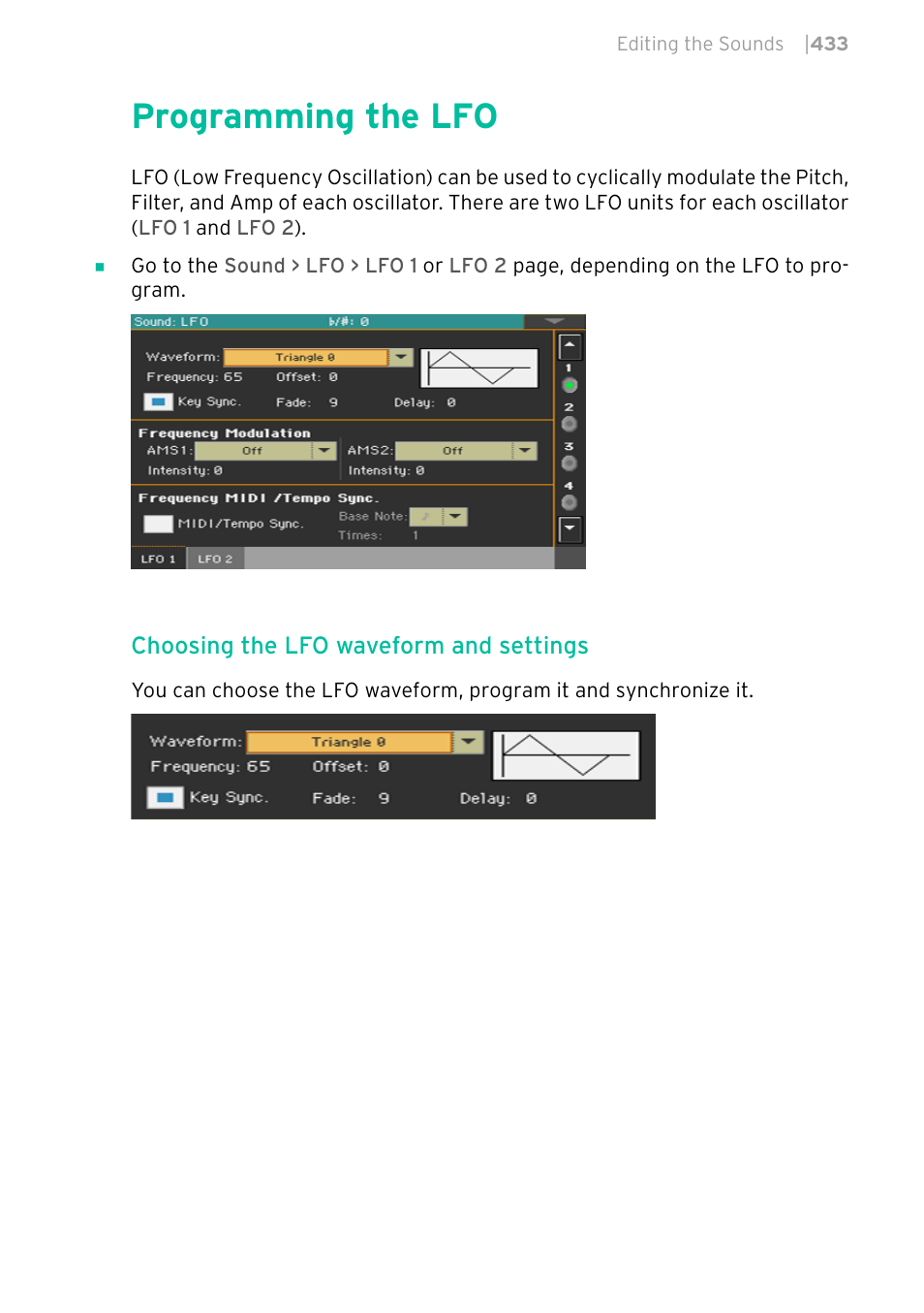 Programming the lfo, 433 programming the lfo | KORG PA4X 76 User Manual | Page 437 / 1074