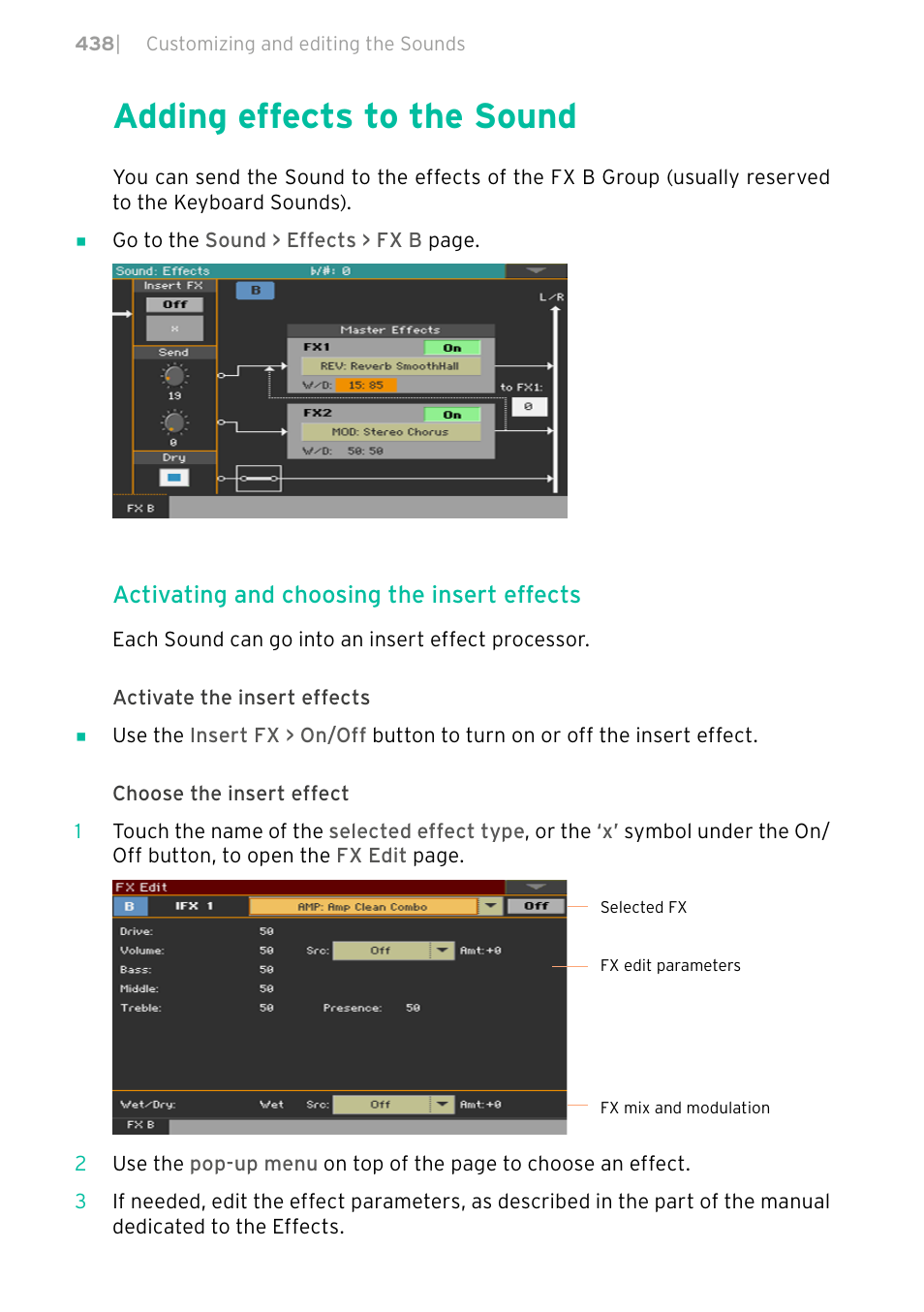 Adding effects to the sound, 438 adding effects to the sound, Activating and choosing the insert effects | KORG PA4X 76 User Manual | Page 442 / 1074