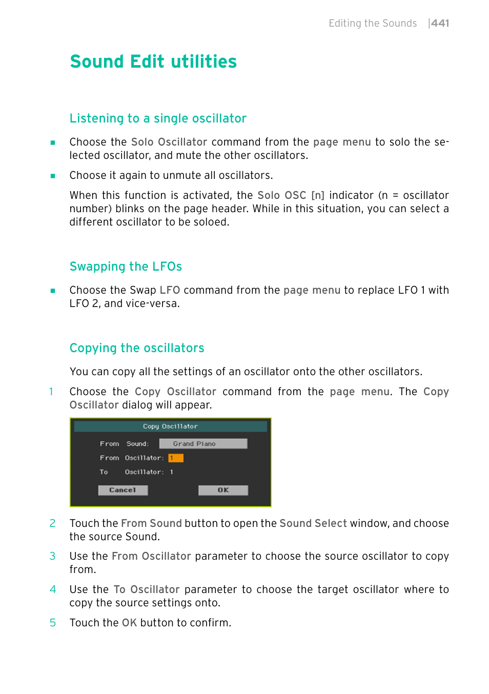 Sound edit utilities, Listening to a single oscillator, Swapping the lfos | Copying the oscillators | KORG PA4X 76 User Manual | Page 445 / 1074