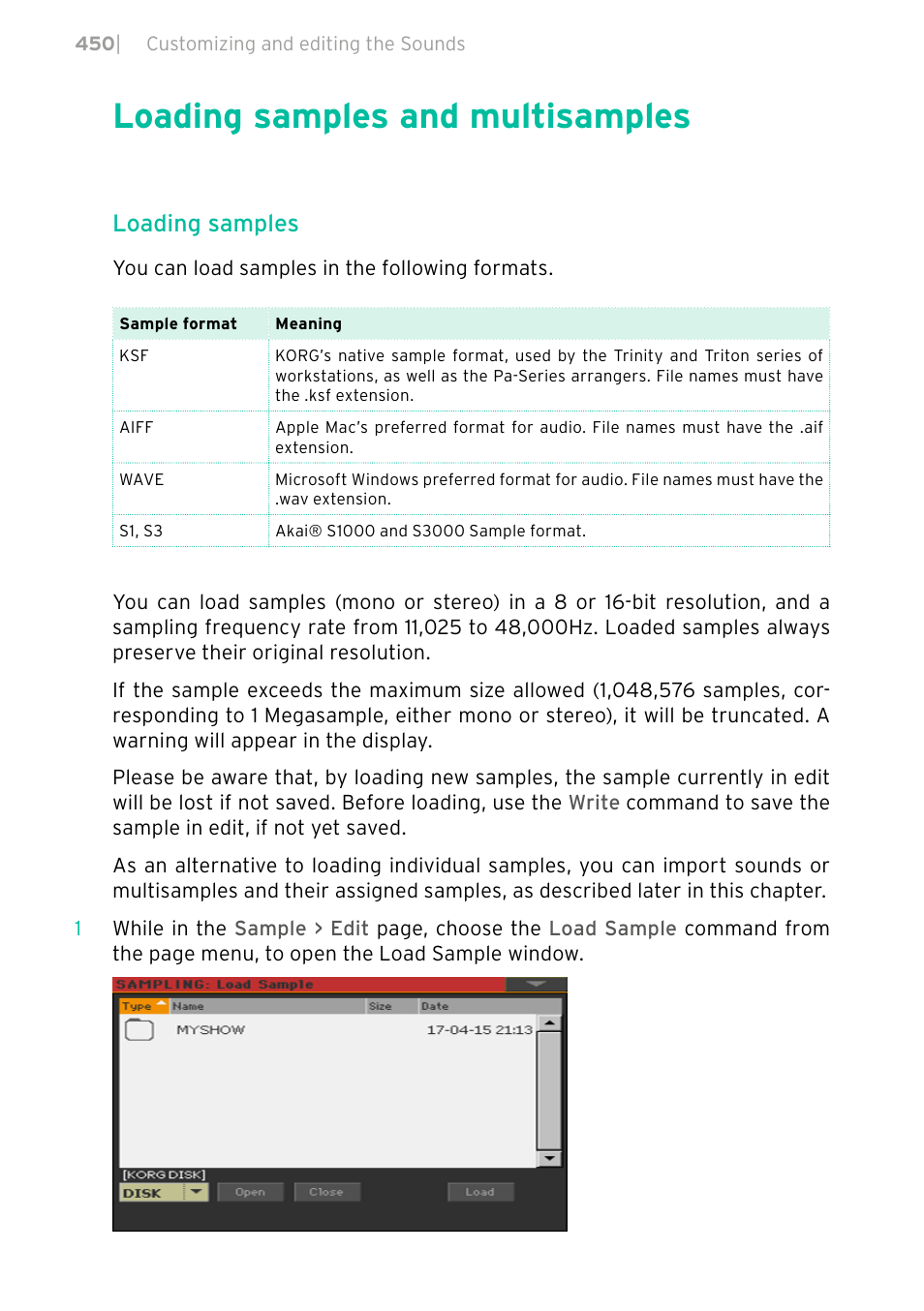 Loading samples and multisamples, 450 loading samples and multisamples, Loading samples | KORG PA4X 76 User Manual | Page 454 / 1074