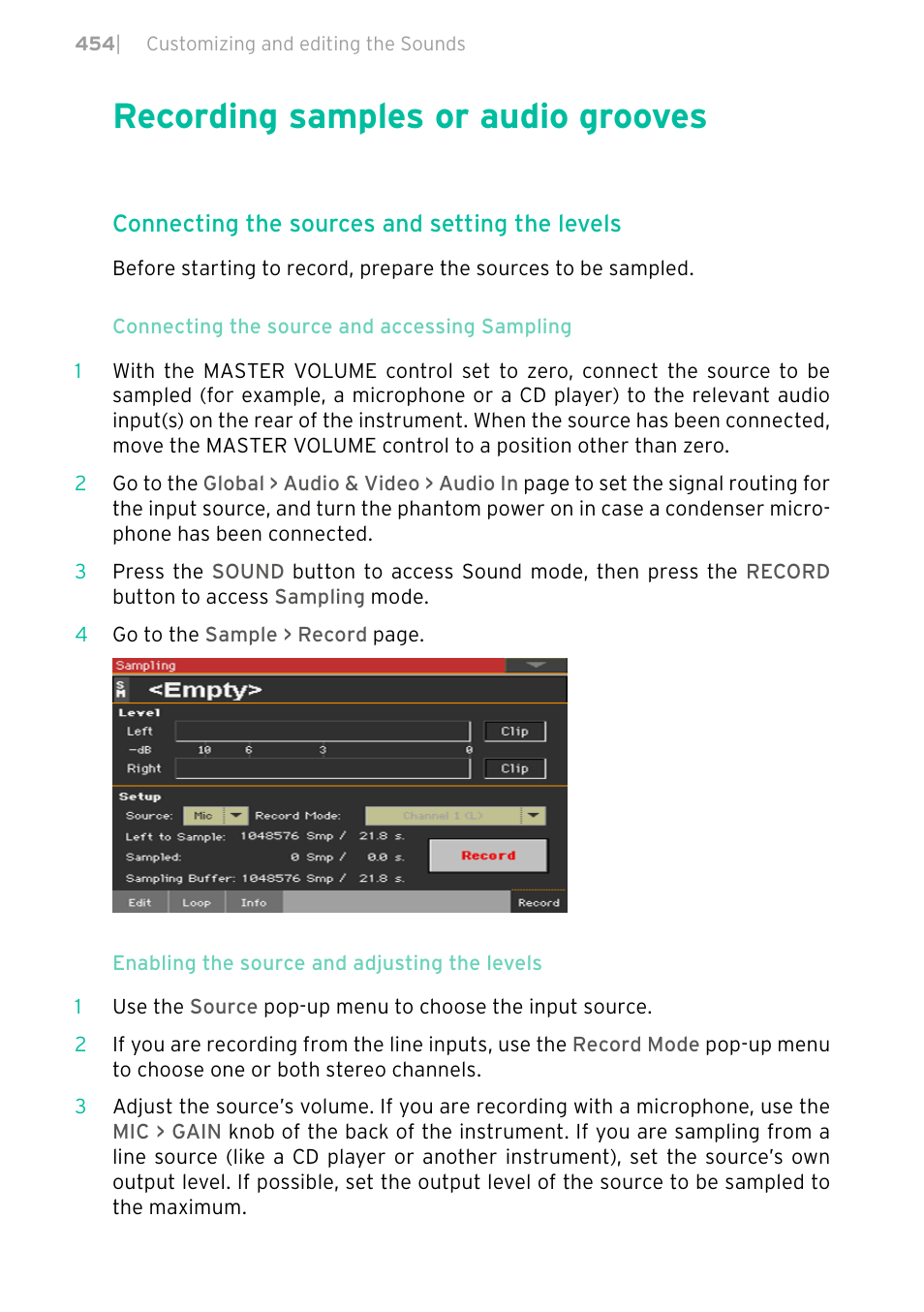 Recording samples or audio grooves, 454 recording samples or audio grooves, Connecting the sources and setting the levels | KORG PA4X 76 User Manual | Page 458 / 1074