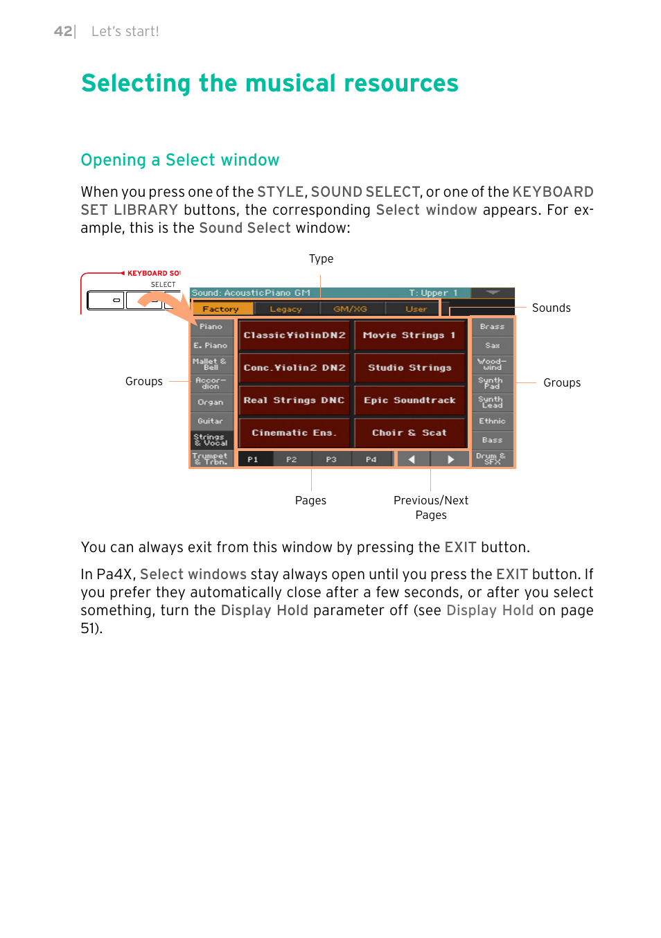 Selecting the musical resources, Opening a select window | KORG PA4X 76 User Manual | Page 46 / 1074