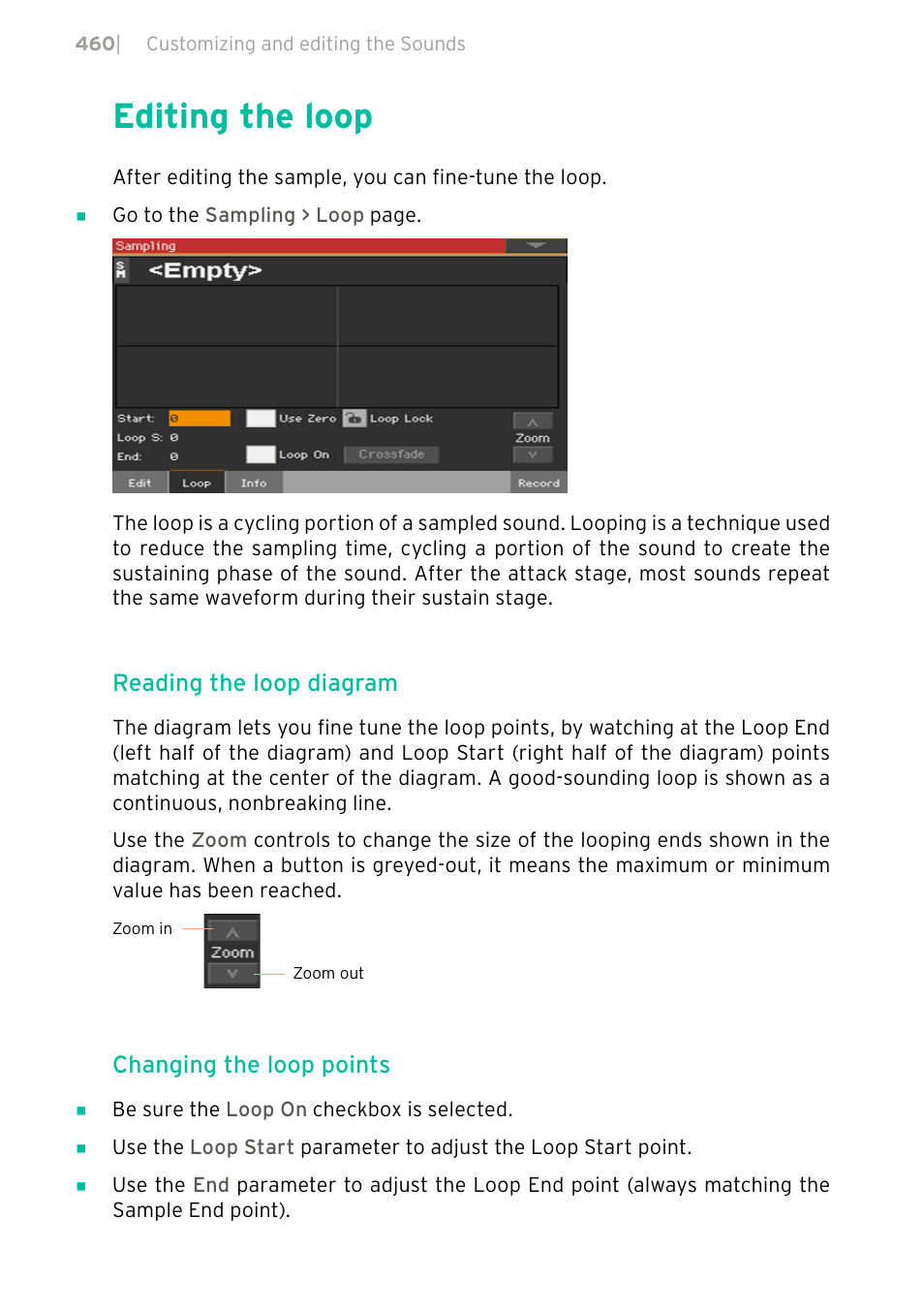 Editing the loop, 460 editing the loop, Reading the loop diagram | Changing the loop points | KORG PA4X 76 User Manual | Page 464 / 1074