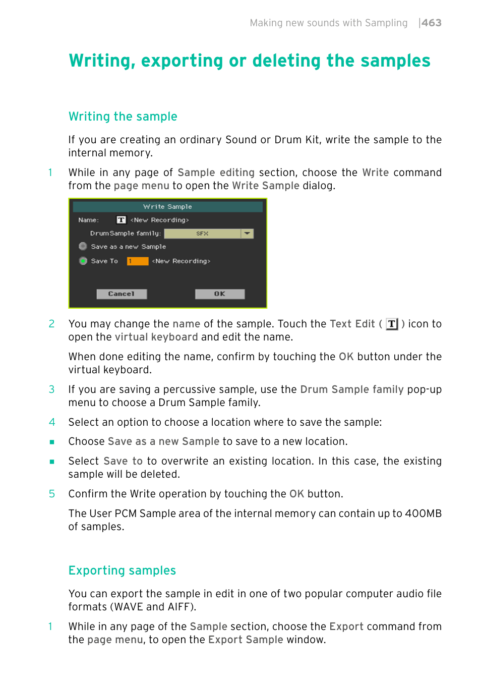 Writing, exporting or deleting the samples, 463 writing, exporting or deleting the samples, Writing the sample | Exporting samples | KORG PA4X 76 User Manual | Page 467 / 1074