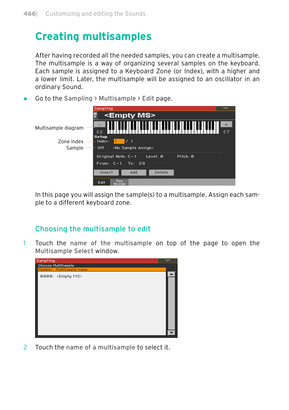 Creating multisamples, 466 creating multisamples, Choosing the multisample to edit | KORG PA4X 76 User Manual | Page 470 / 1074