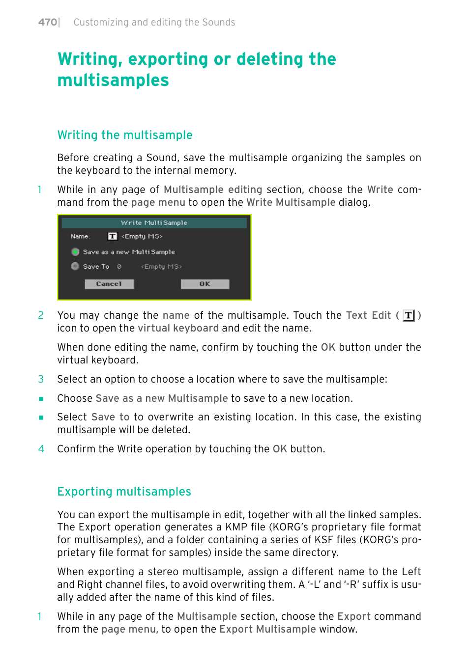 Writing, exporting or deleting the multisamples, Writing the multisample, Exporting multisamples | KORG PA4X 76 User Manual | Page 474 / 1074