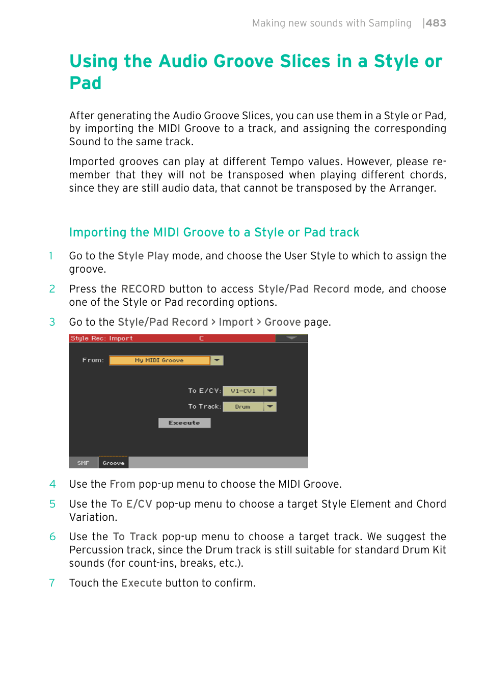 Using the audio groove slices in a style or pad, Importing the midi groove to a style or pad track | KORG PA4X 76 User Manual | Page 487 / 1074