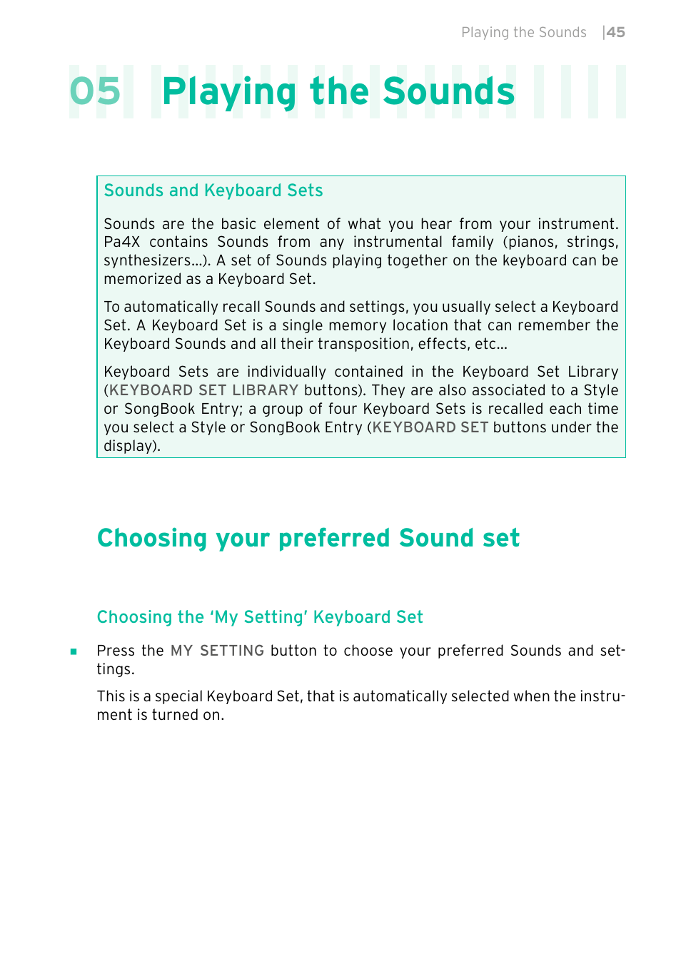 Playing the sounds, Choosing your preferred sound set, 05 playing the sounds | KORG PA4X 76 User Manual | Page 49 / 1074