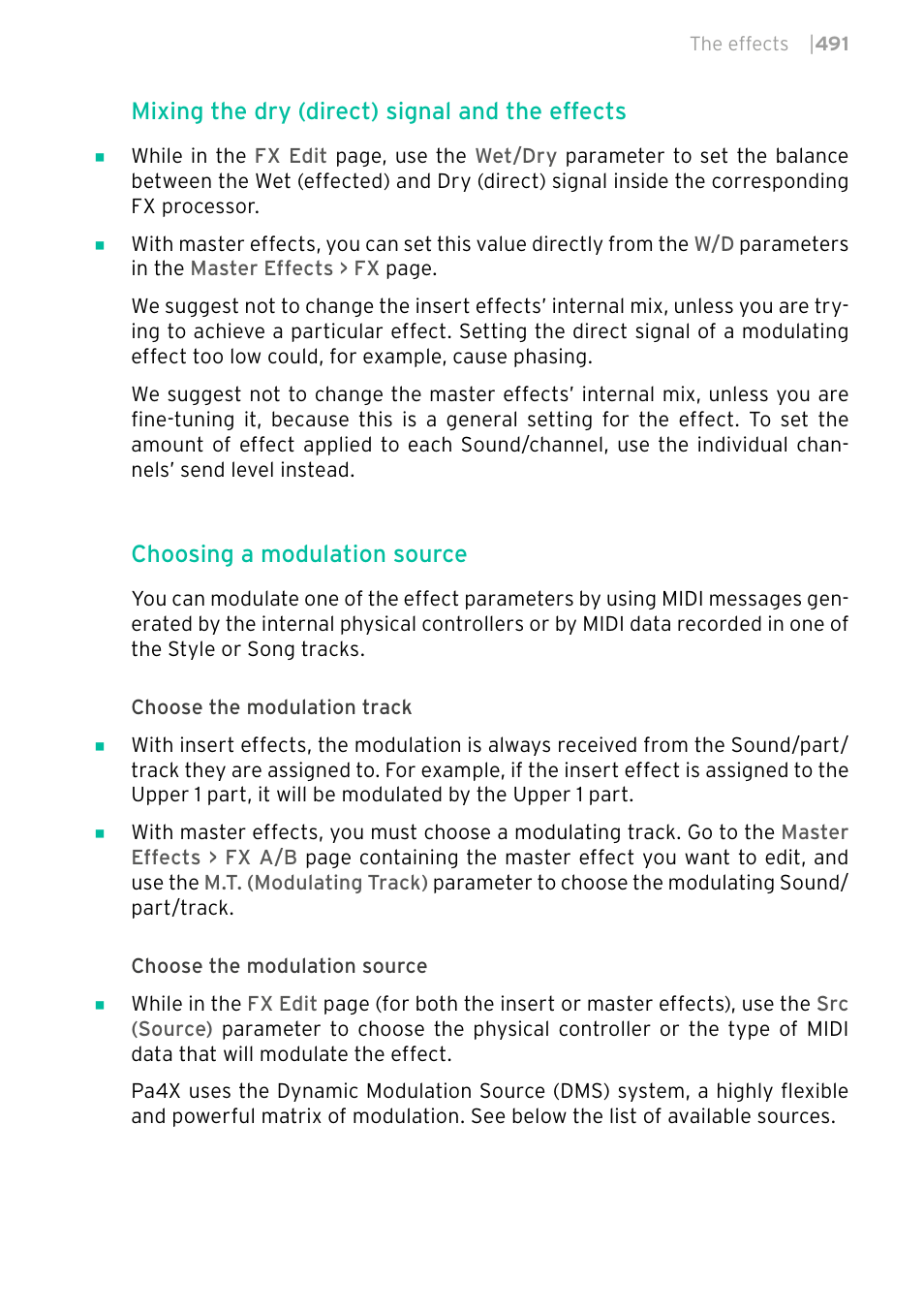 Mixing the dry (direct) signal and the effects, Choosing a modulation source | KORG PA4X 76 User Manual | Page 495 / 1074