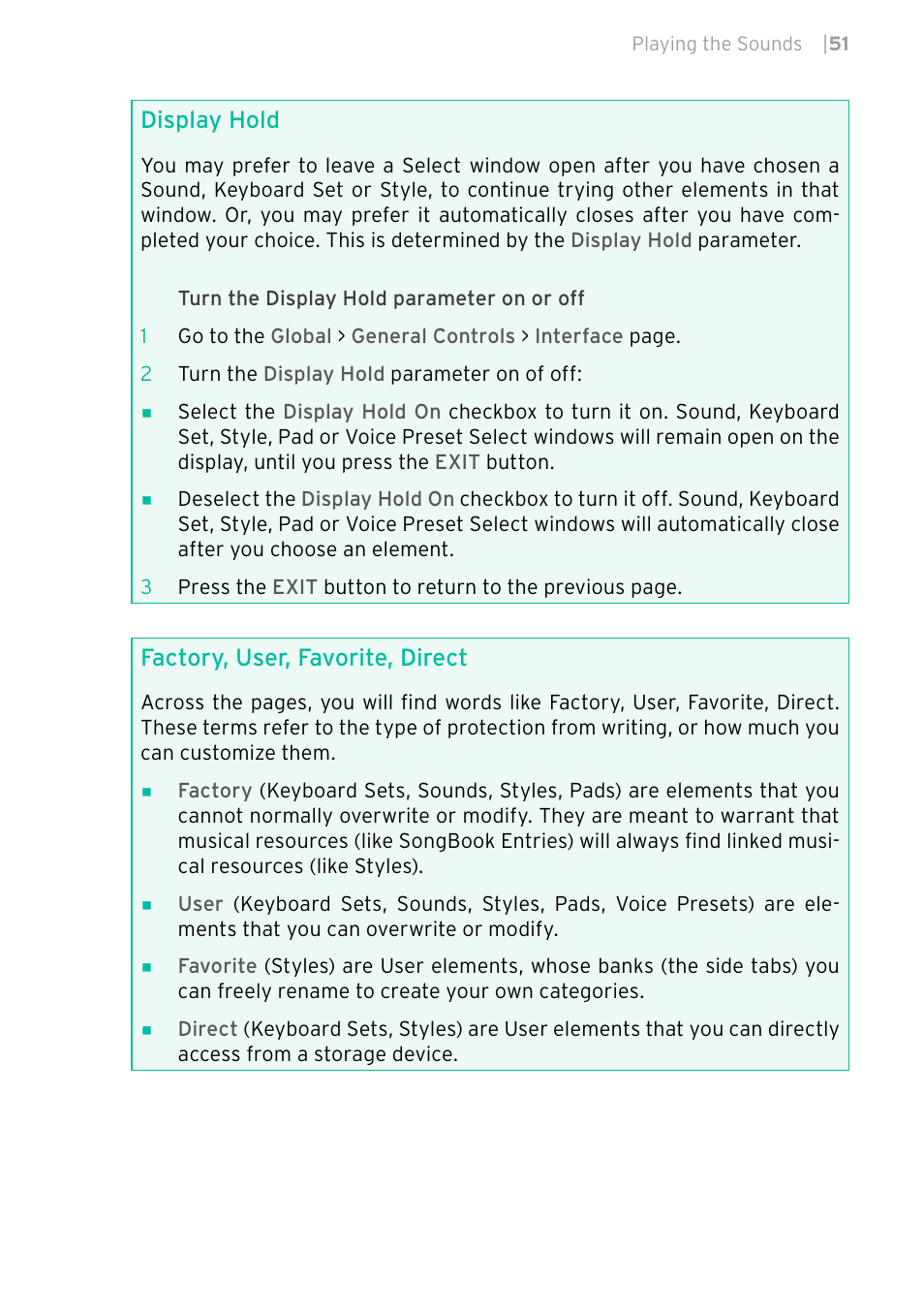Display hold, Factory, user, favorite, direct | KORG PA4X 76 User Manual | Page 55 / 1074