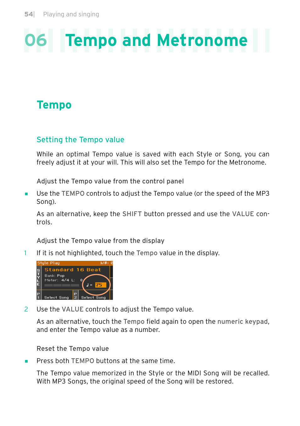 Tempo and metronome, Tempo, 54 tempo | 06 tempo and metronome | KORG PA4X 76 User Manual | Page 58 / 1074