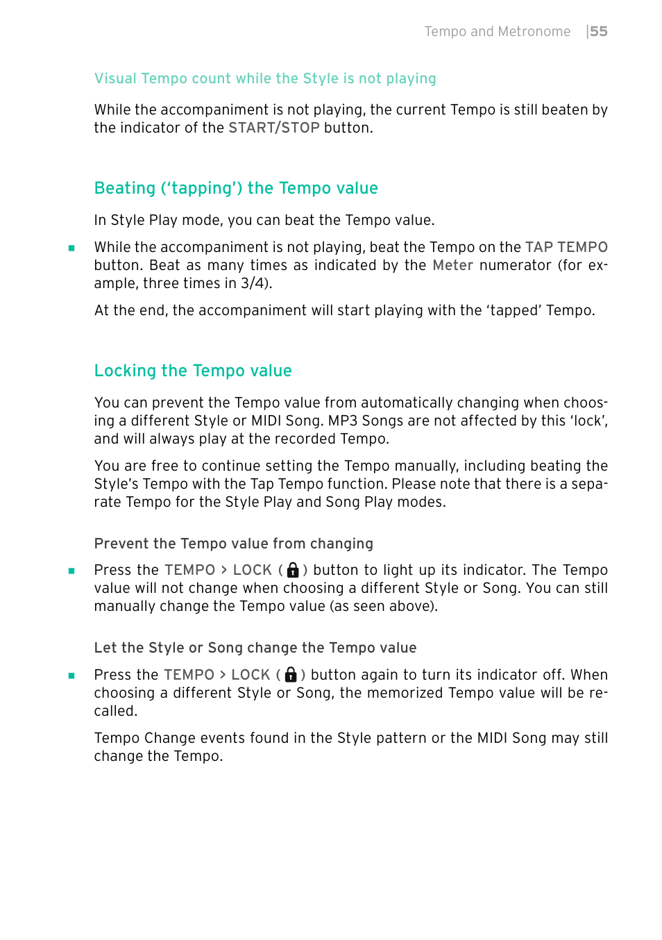 Beating (‘tapping’) the tempo value, Locking the tempo value | KORG PA4X 76 User Manual | Page 59 / 1074