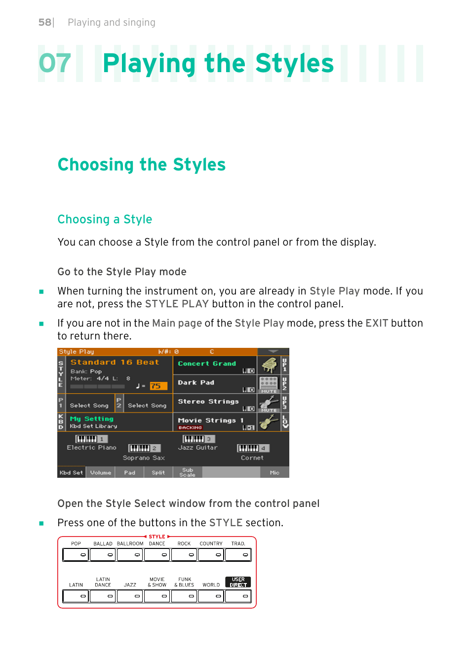 Playing the styles, Choosing the styles, 07 playing the styles | KORG PA4X 76 User Manual | Page 62 / 1074