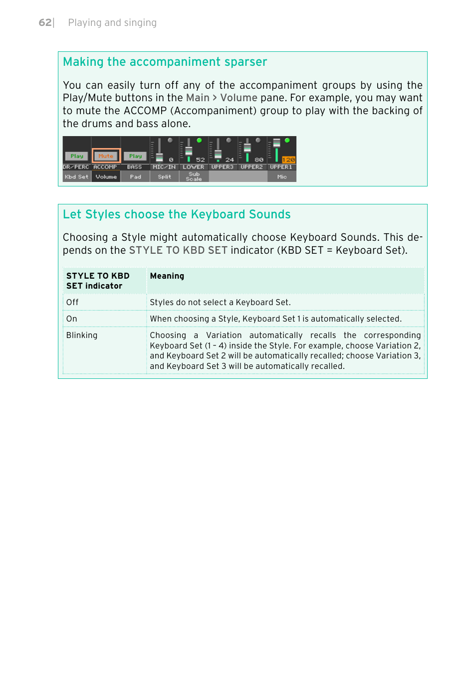 Making the accompaniment sparser, Let styles choose the keyboard sounds | KORG PA4X 76 User Manual | Page 66 / 1074