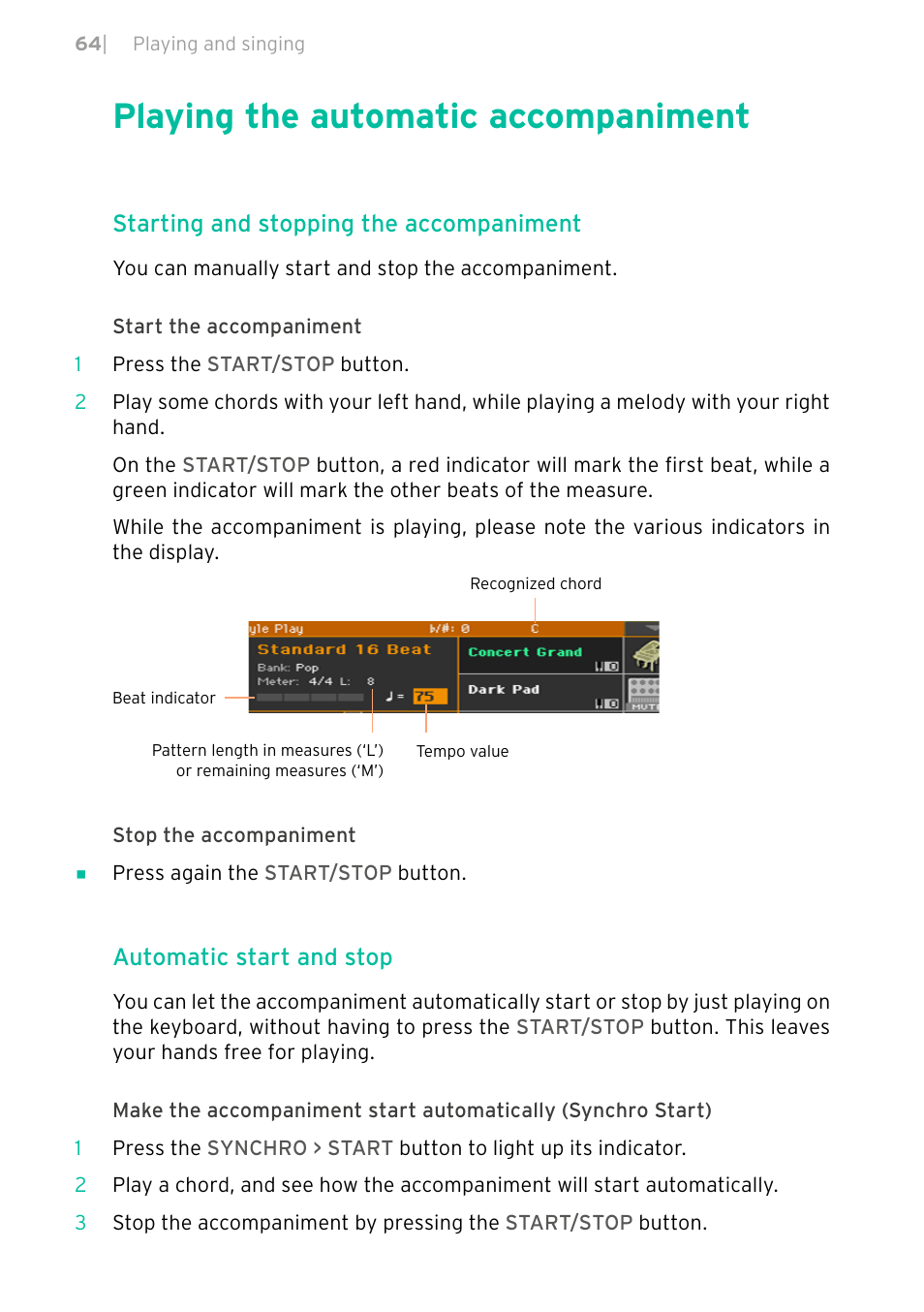 Playing the automatic accompaniment, Starting and stopping the accompaniment, Automatic start and stop | KORG PA4X 76 User Manual | Page 68 / 1074