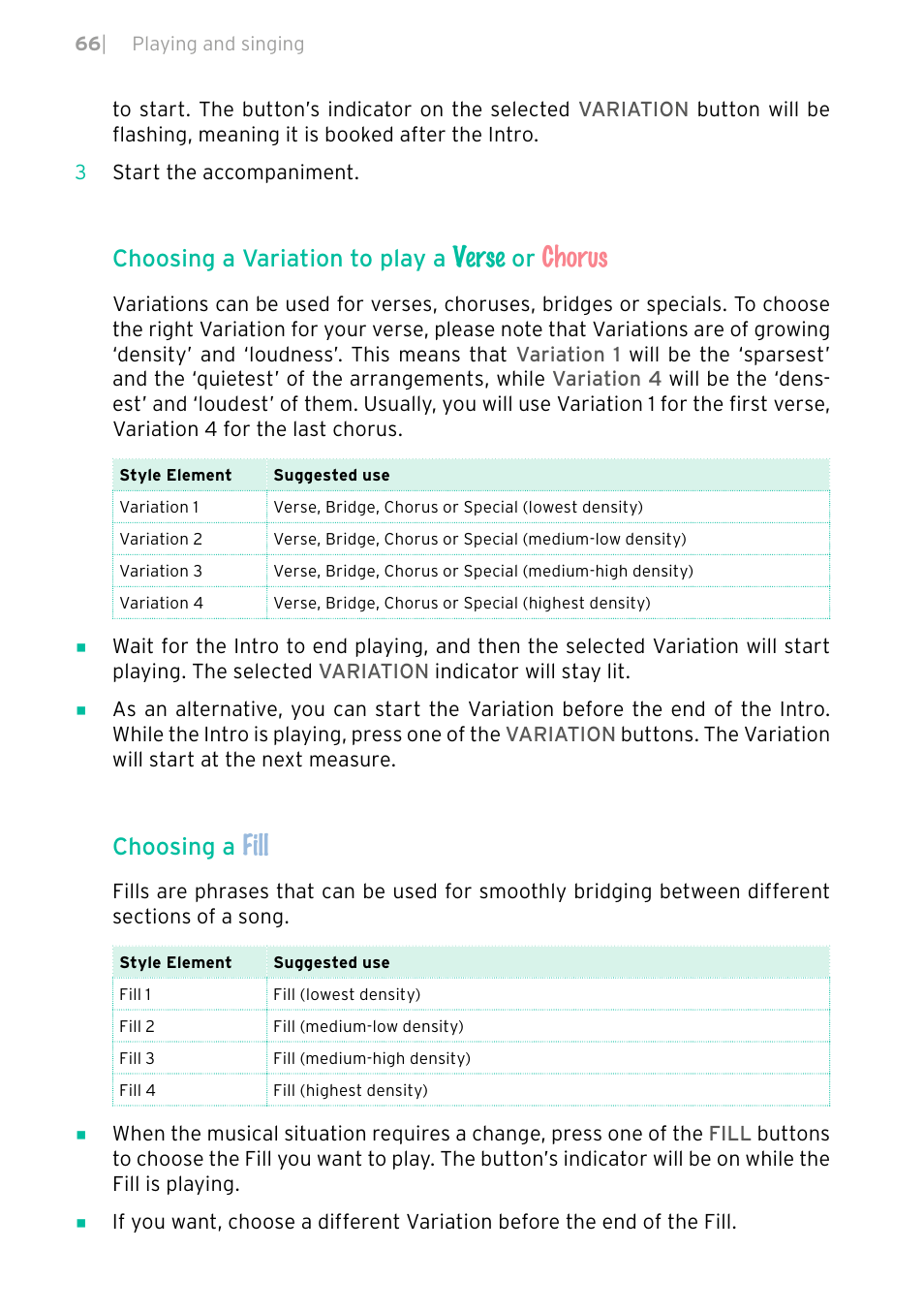 Verse, Chorus, Fill | Choosing a variation to play a, Choosing a | KORG PA4X 76 User Manual | Page 70 / 1074