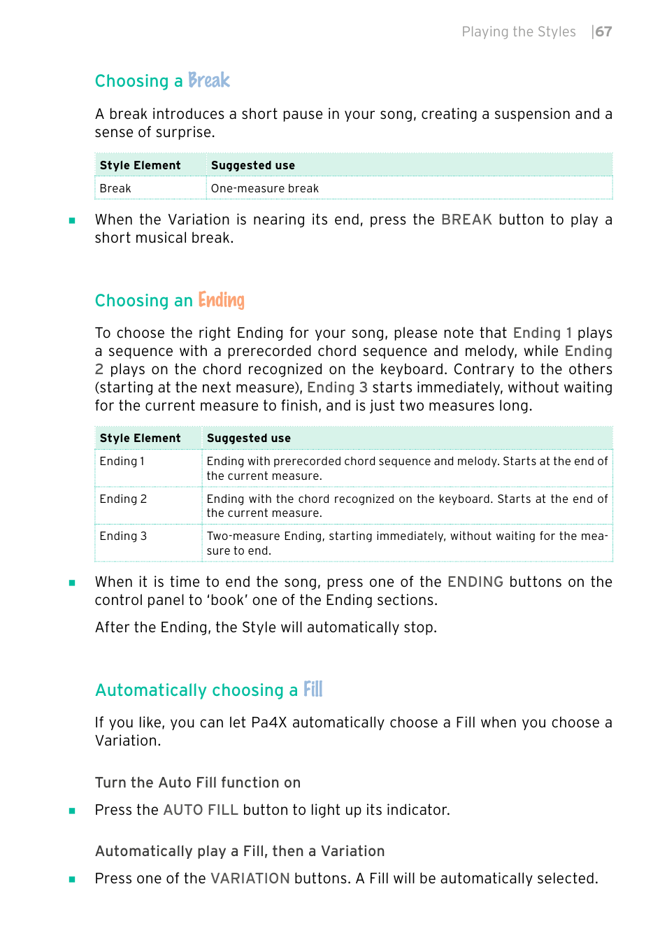 Break, Ending, Fill | Choosing a, Choosing an, Automatically choosing a | KORG PA4X 76 User Manual | Page 71 / 1074