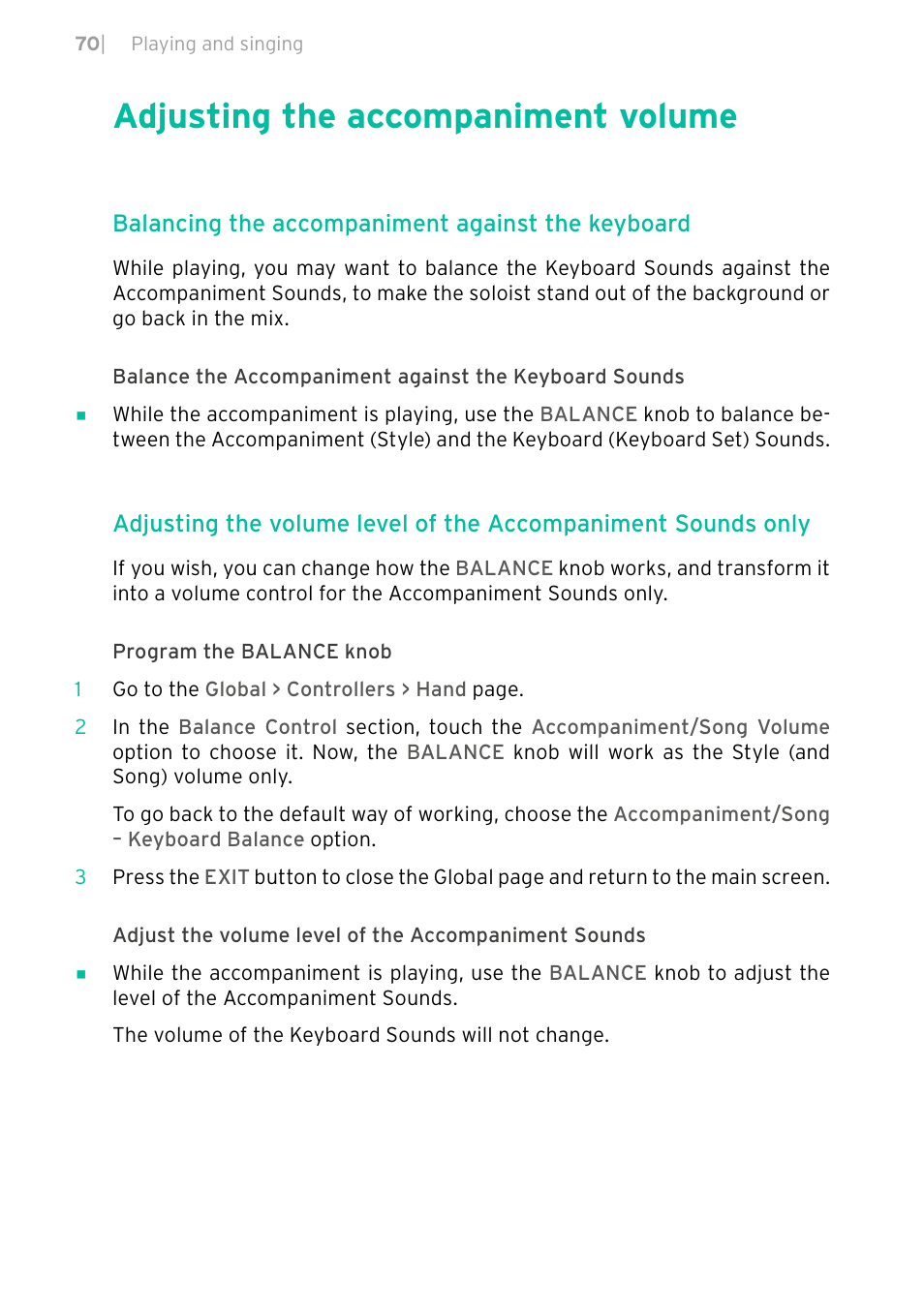 Adjusting the accompaniment volume, Balancing the accompaniment against the keyboard | KORG PA4X 76 User Manual | Page 74 / 1074