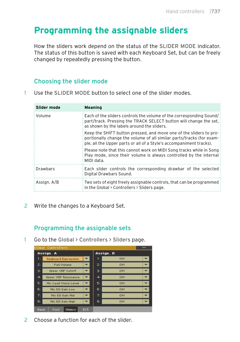 Programming the assignable sliders, 737 programming the assignable sliders, Choosing the slider mode | Programming the assignable sets | KORG PA4X 76 User Manual | Page 741 / 1074