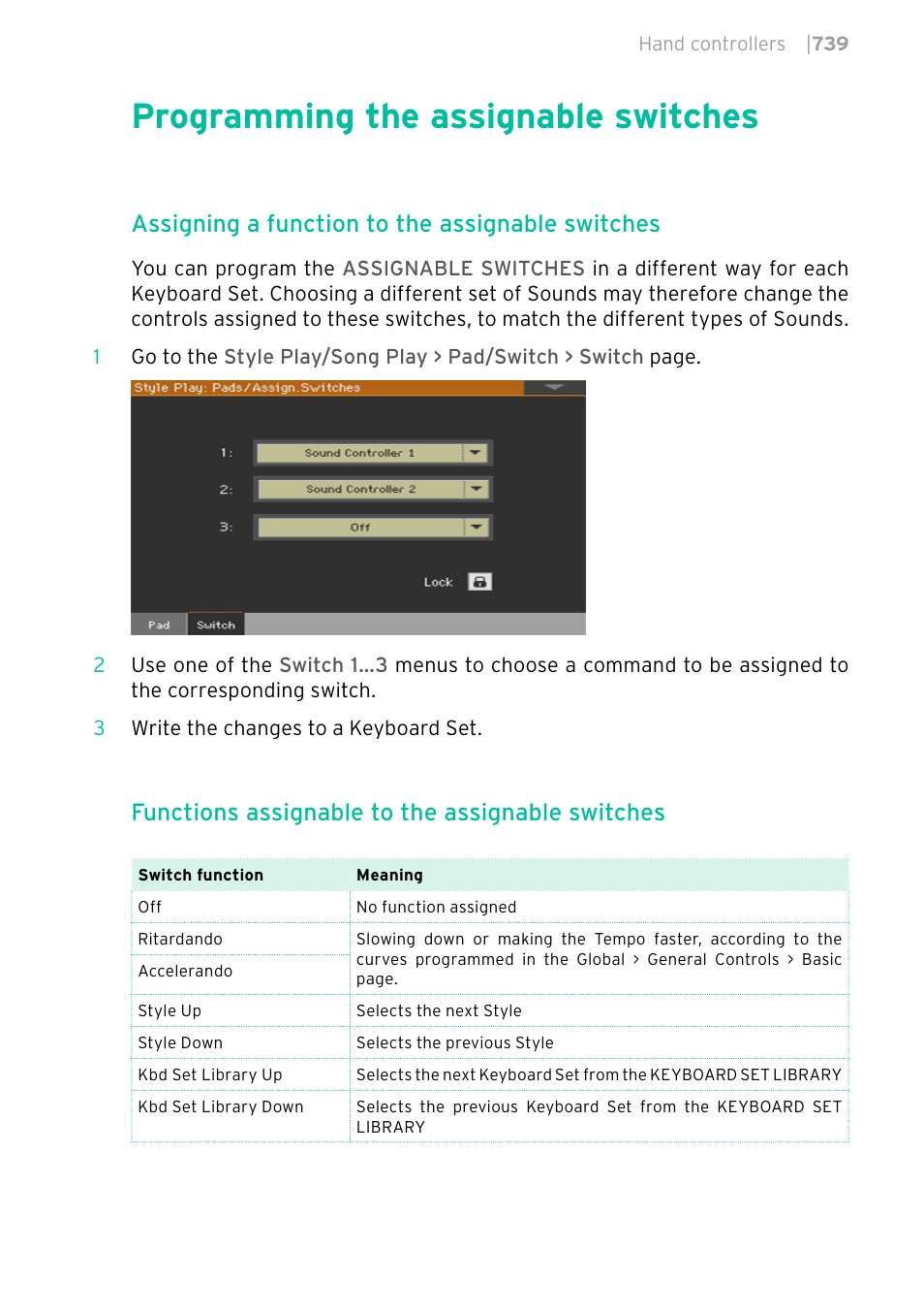 Programming the assignable switches, 739 programming the assignable switches, Assigning a function to the assignable switches | Functions assignable to the assignable switches | KORG PA4X 76 User Manual | Page 743 / 1074