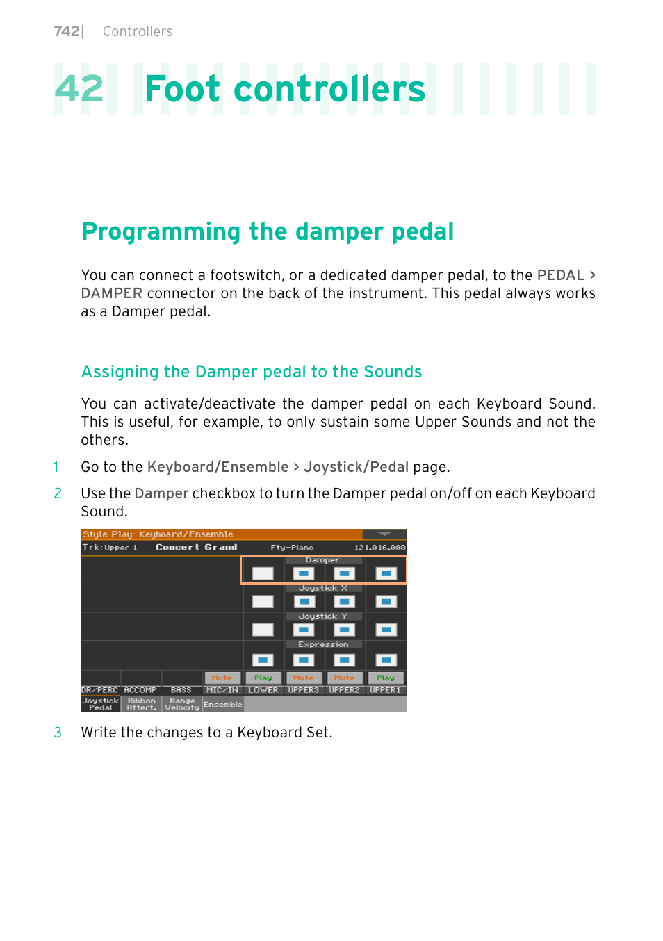 Foot controllers, Programming the damper pedal, 742 programming the damper pedal | 42 foot controllers | KORG PA4X 76 User Manual | Page 746 / 1074