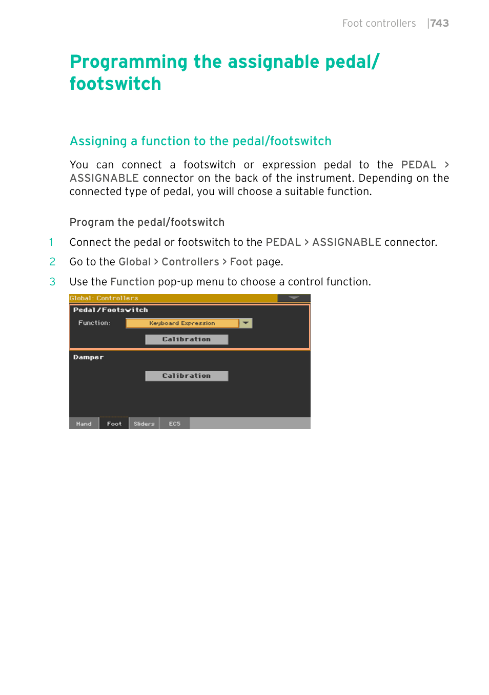 Programming the assignable pedal/footswitch, 743 programming the assignable pedal/footswitch, Programming the assignable pedal/ footswitch | KORG PA4X 76 User Manual | Page 747 / 1074