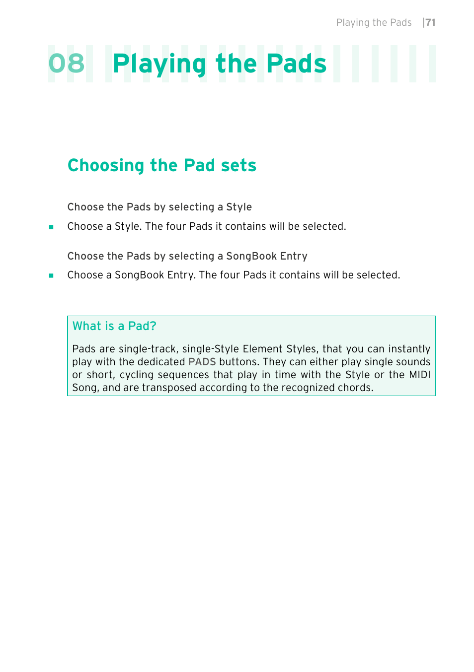 Playing the pads, Choosing the pad sets, 08 playing the pads | KORG PA4X 76 User Manual | Page 75 / 1074