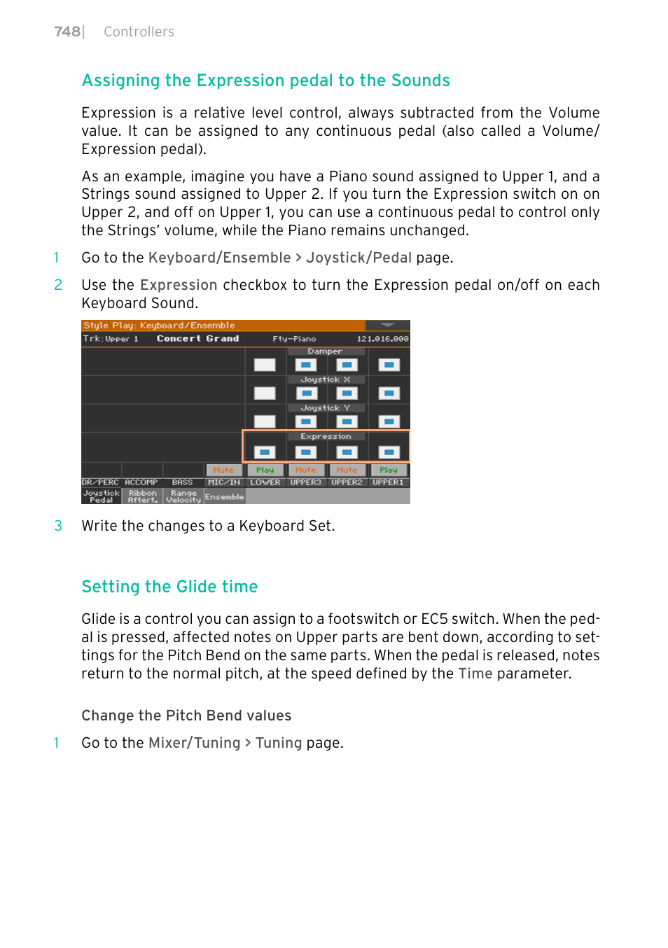 Assigning the expression pedal to the sounds, Setting the glide time | KORG PA4X 76 User Manual | Page 752 / 1074