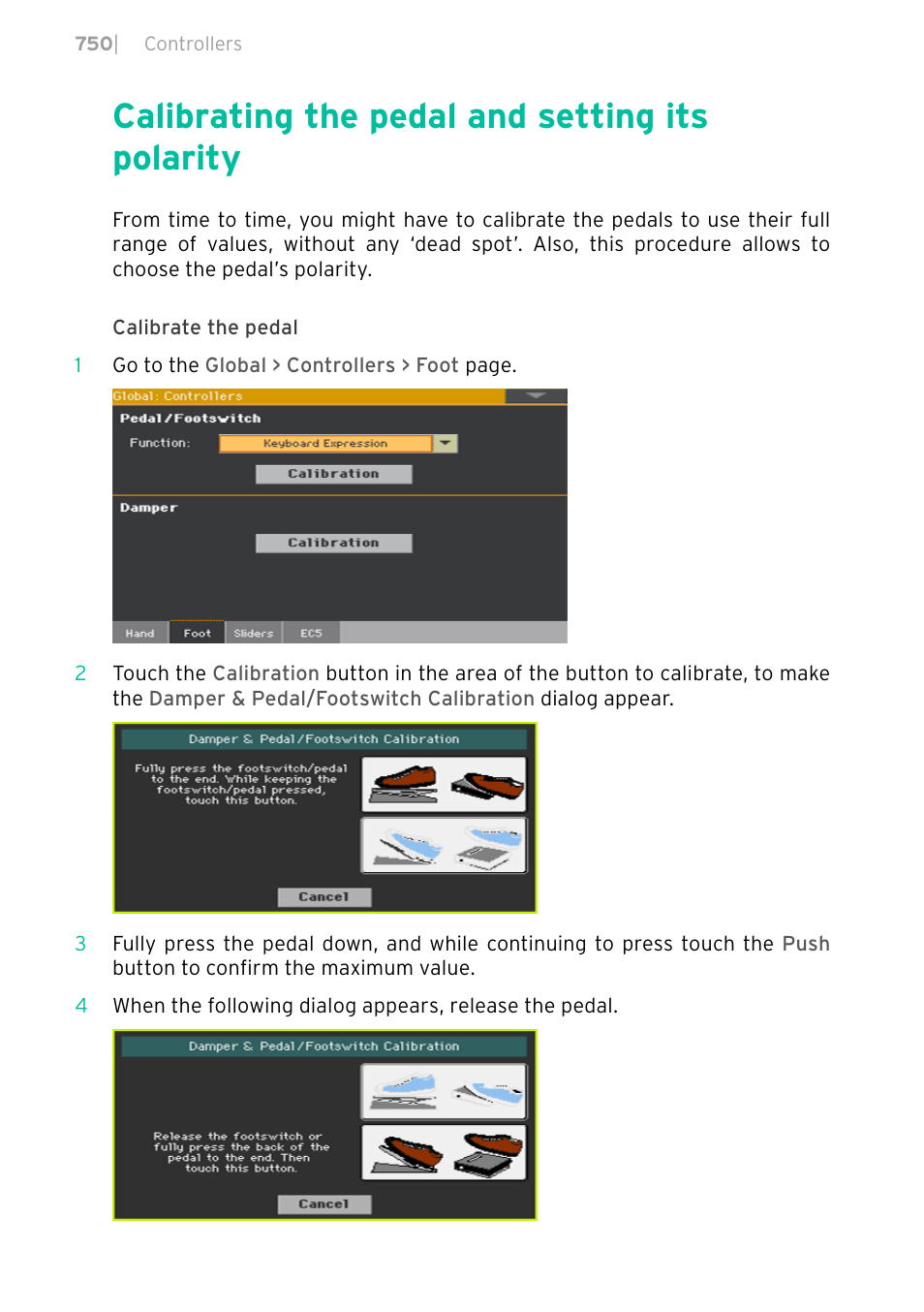 Calibrating the pedal and setting its polarity, 750 calibrating the pedal and setting its polarity | KORG PA4X 76 User Manual | Page 754 / 1074