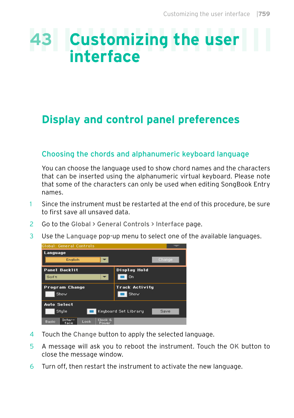 Customizing the user interface, Display and control panel preferences, 759 display and control panel preferences | 43 customizing the user interface | KORG PA4X 76 User Manual | Page 763 / 1074