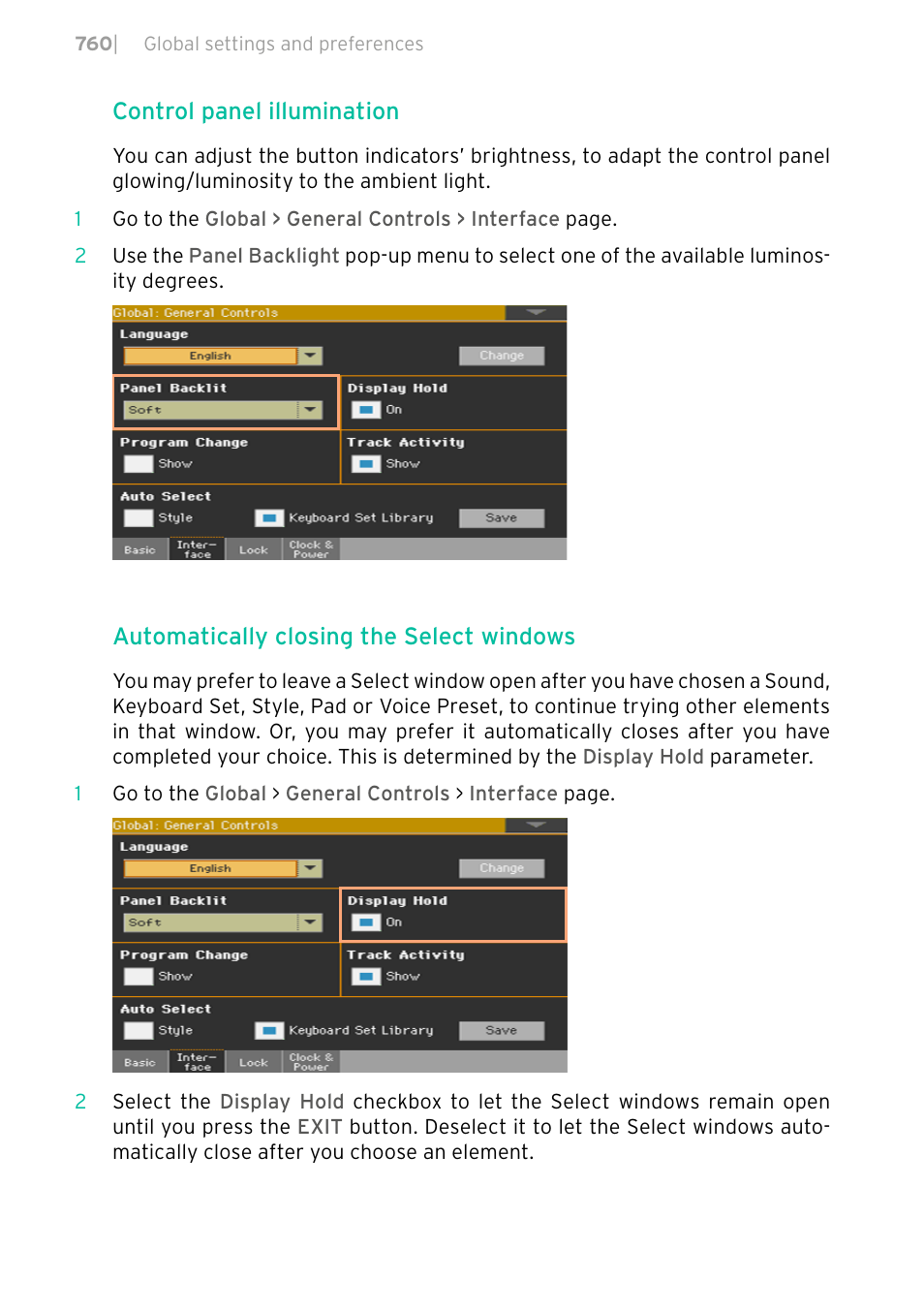 Control panel illumination, Automatically closing the select windows | KORG PA4X 76 User Manual | Page 764 / 1074