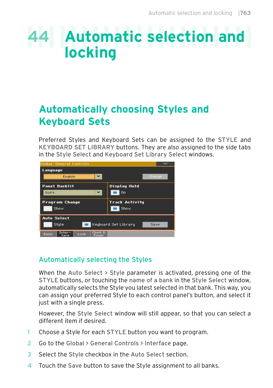 Automatic selection and locking, Automatically choosing styles and keyboard sets, 44 automatic selection and locking | KORG PA4X 76 User Manual | Page 767 / 1074