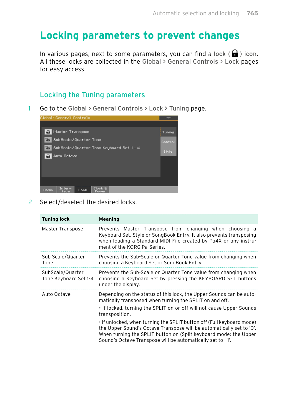 Locking parameters to prevent changes, 765 locking parameters to prevent changes, Locking the tuning parameters | KORG PA4X 76 User Manual | Page 769 / 1074