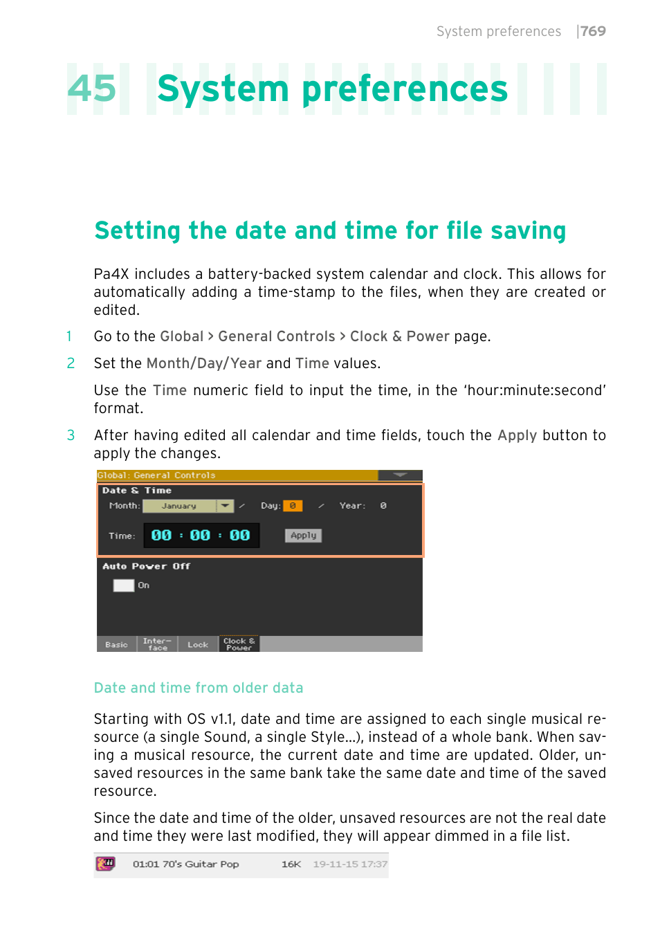 System preferences, Setting the date and time for file saving, 769 setting the date and time for file saving | 45 system preferences | KORG PA4X 76 User Manual | Page 773 / 1074