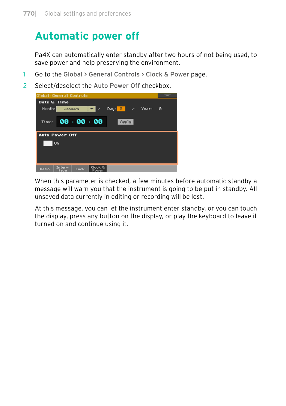 Automatic power off, 770 automatic power off | KORG PA4X 76 User Manual | Page 774 / 1074