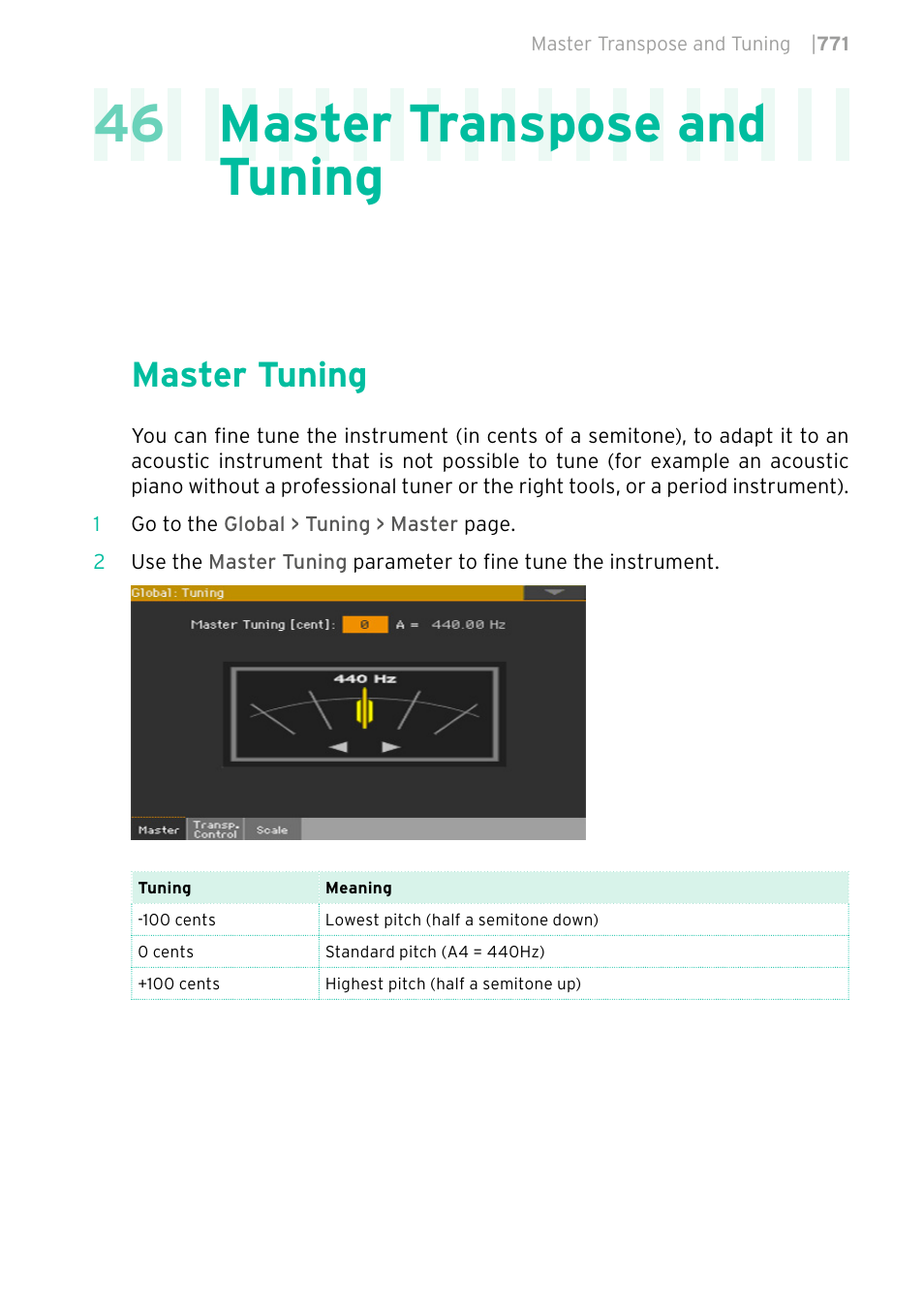 Master transpose and tuning, Master tuning, 46 master transpose and tuning | KORG PA4X 76 User Manual | Page 775 / 1074