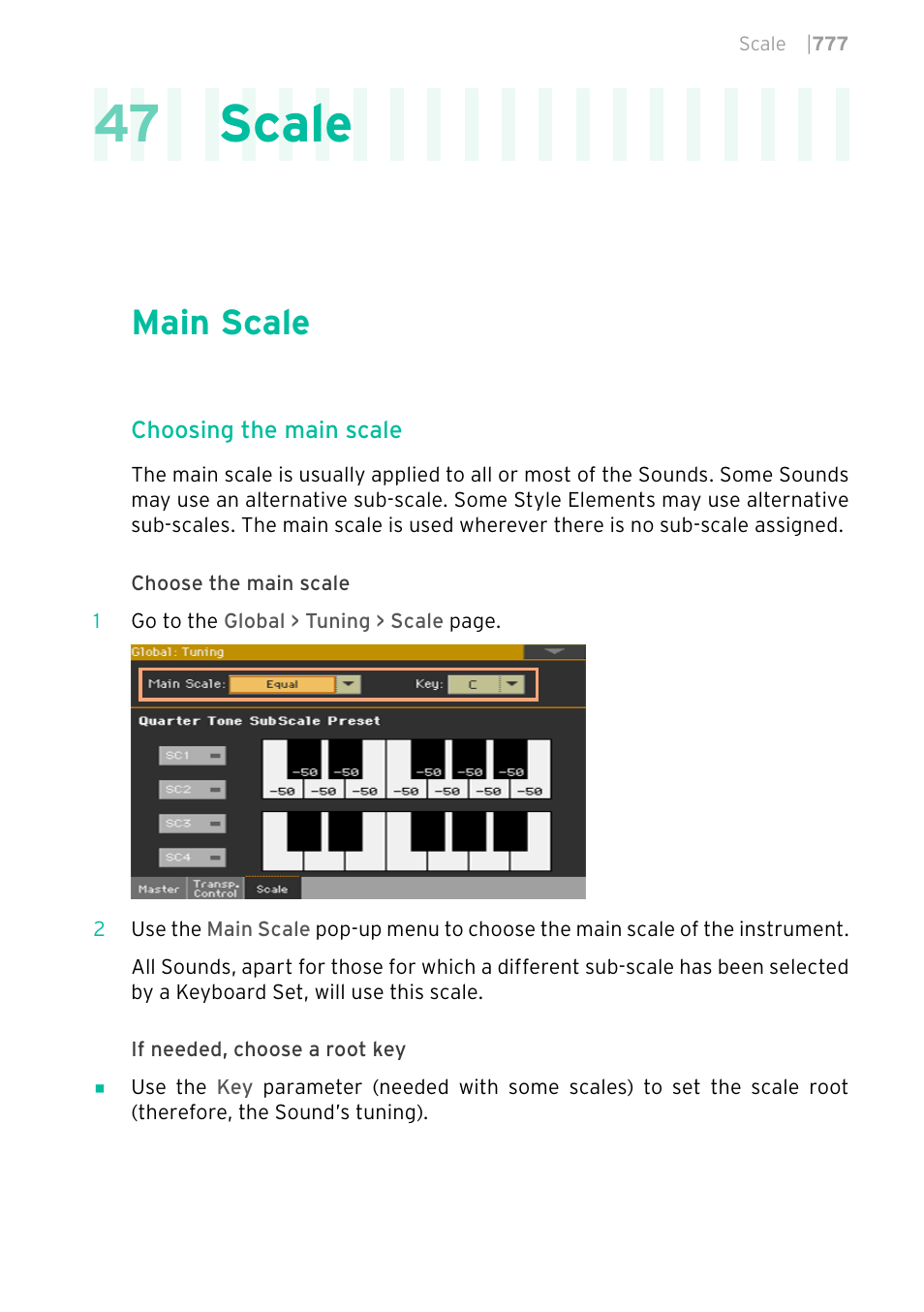 Scale, Main scale, 777 main scale | 47 scale | KORG PA4X 76 User Manual | Page 781 / 1074