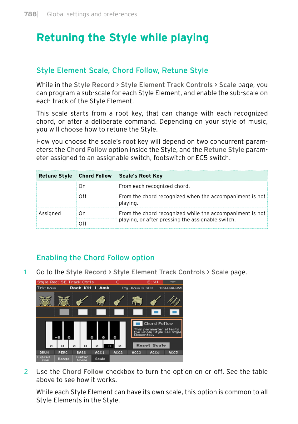 Retuning the style while playing, 788 retuning the style while playing, Style element scale, chord follow, retune style | Enabling the chord follow option | KORG PA4X 76 User Manual | Page 792 / 1074
